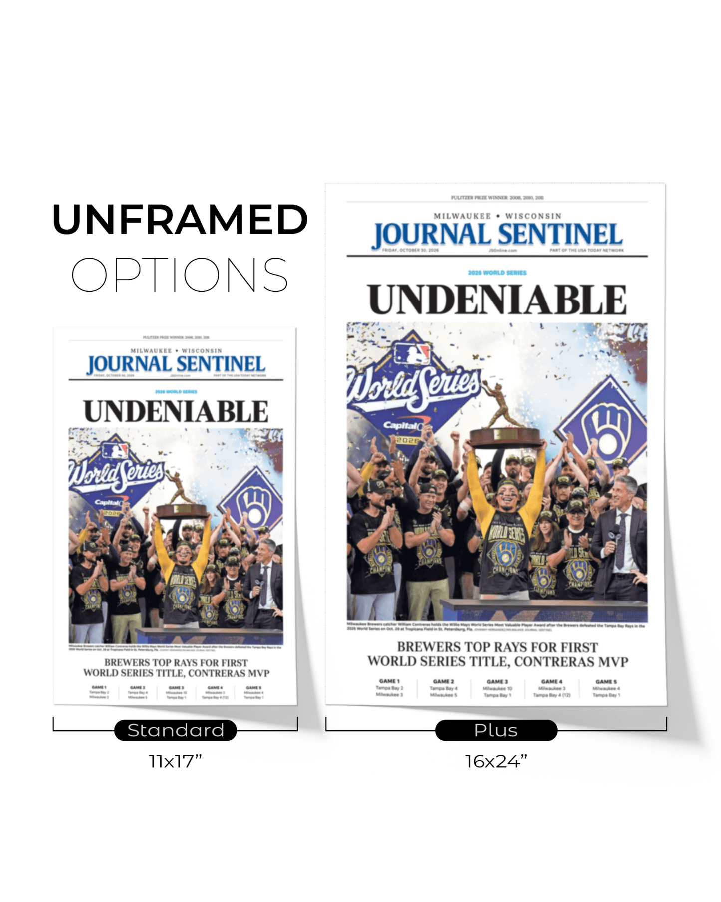 2026 Milwaukee Brewers World Series Champions Framed Front Page Newspaper Print “Undeniable” - TitleGameFrames.com
