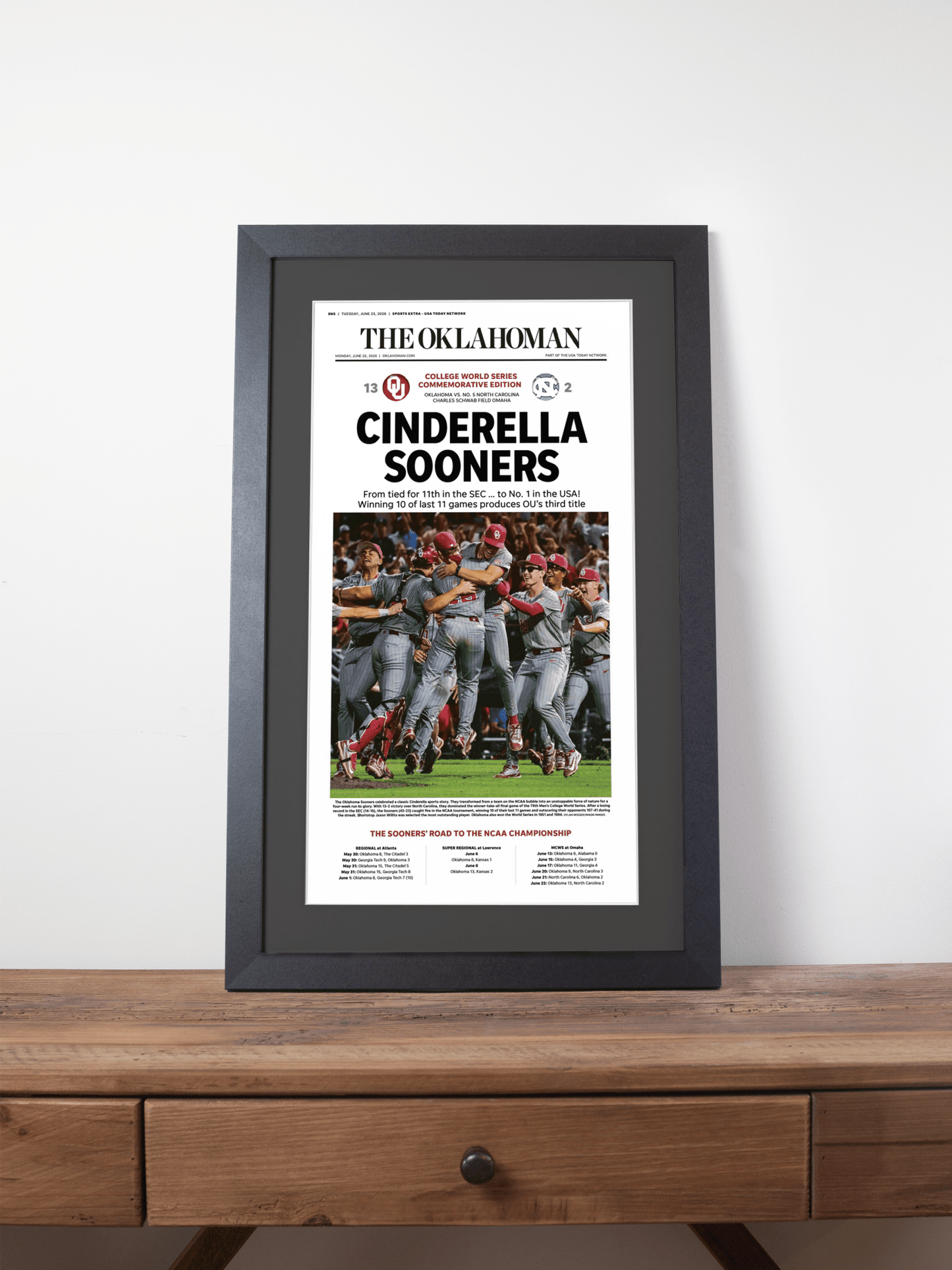 2026 Oklahoma Sooners “Cinderella Sooners” College World Series Champions Framed Newspaper - TitleGameFrames.com