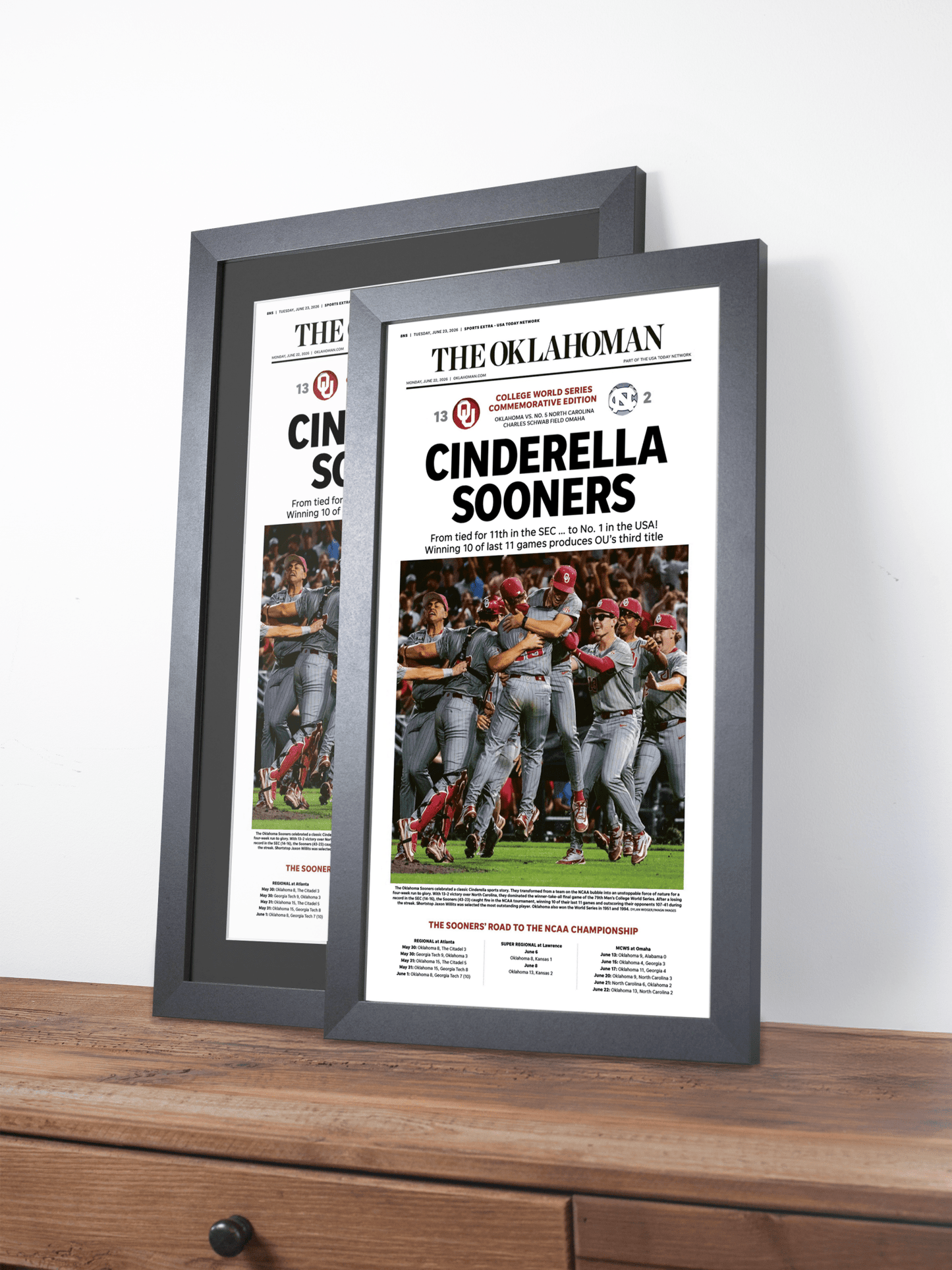 2026 Oklahoma Sooners “Cinderella Sooners” College World Series Champions Framed Newspaper - TitleGameFrames.com