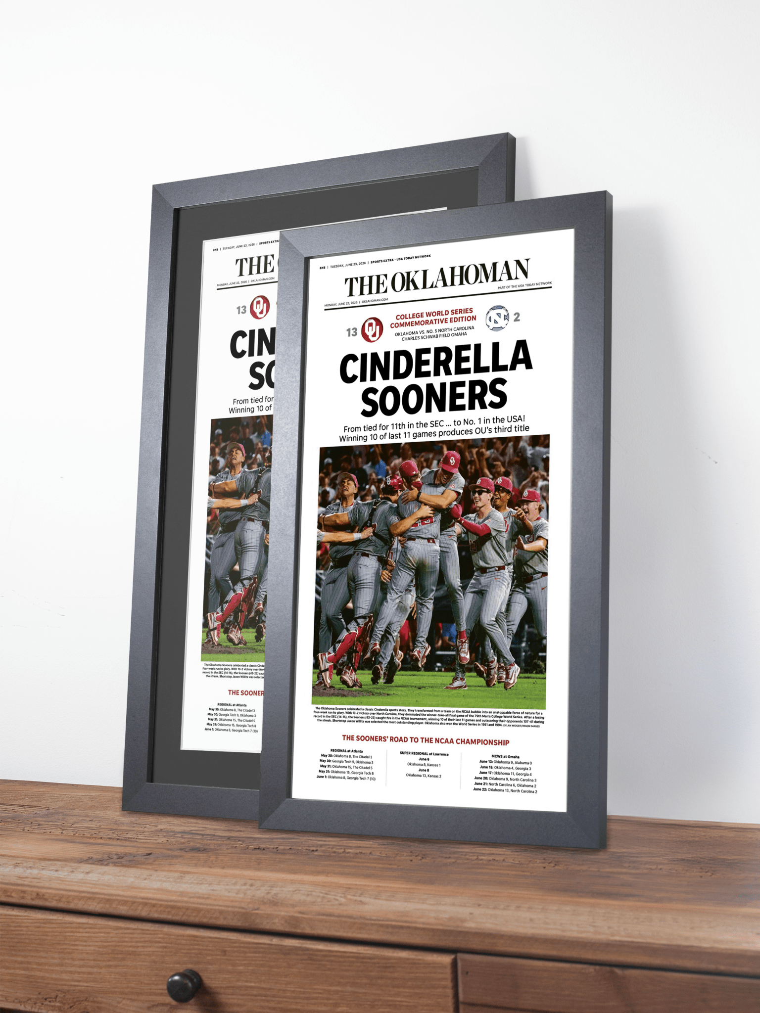 2026 Oklahoma Sooners “Cinderella Sooners” College World Series Champions Framed Newspaper - TitleGameFrames.com