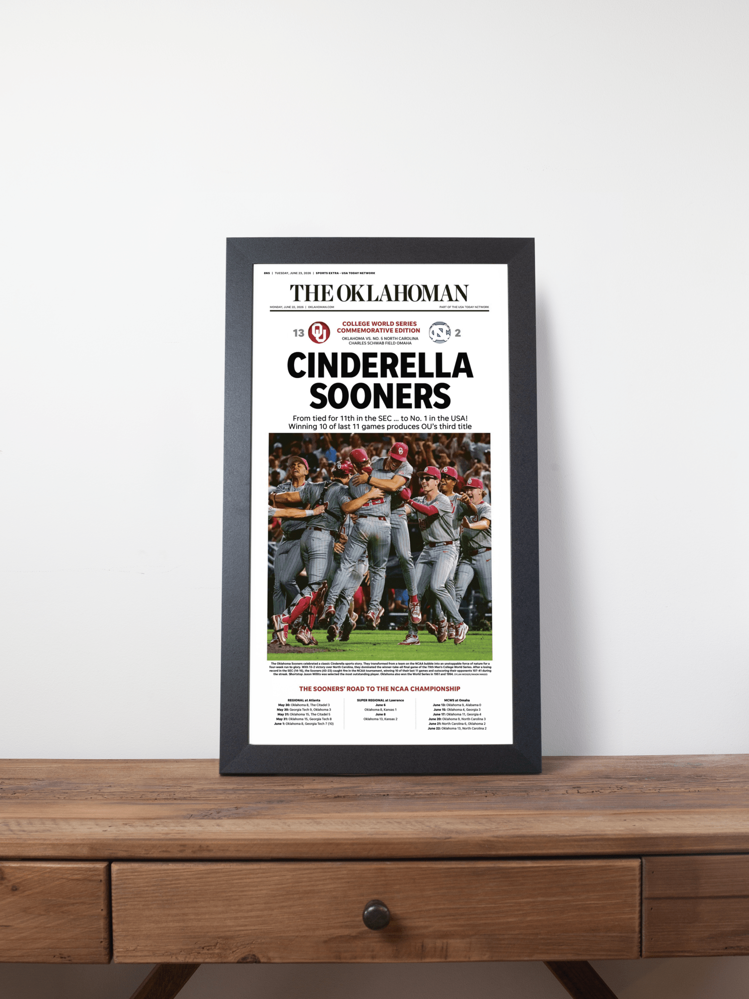 2026 Oklahoma Sooners “Cinderella Sooners” College World Series Champions Framed Newspaper - TitleGameFrames.com