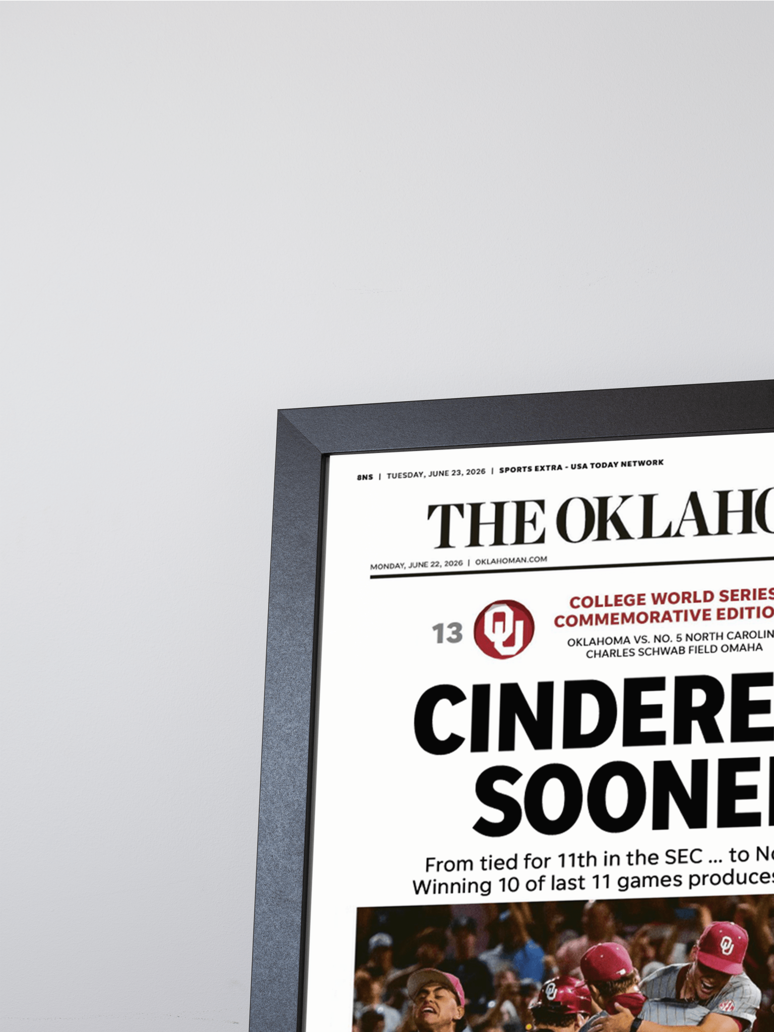 2026 Oklahoma Sooners “Cinderella Sooners” College World Series Champions Framed Newspaper - TitleGameFrames.com
