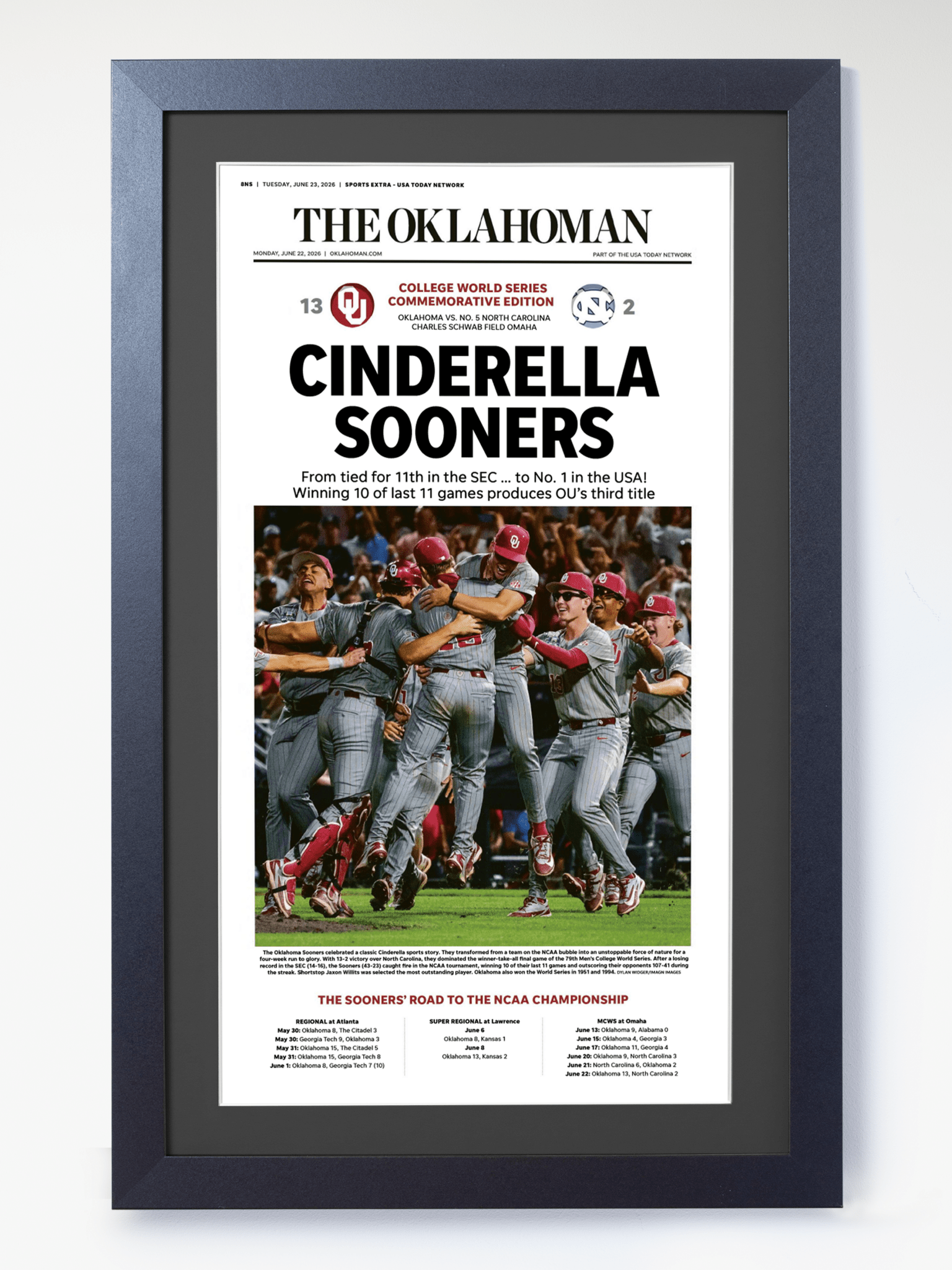 2026 Oklahoma Sooners “Cinderella Sooners” College World Series Champions Framed Newspaper - TitleGameFrames.com