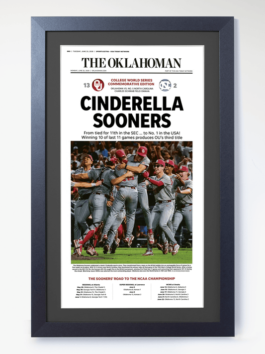 2026 Oklahoma Sooners “Cinderella Sooners” College World Series Champions Framed Newspaper - TitleGameFrames.com