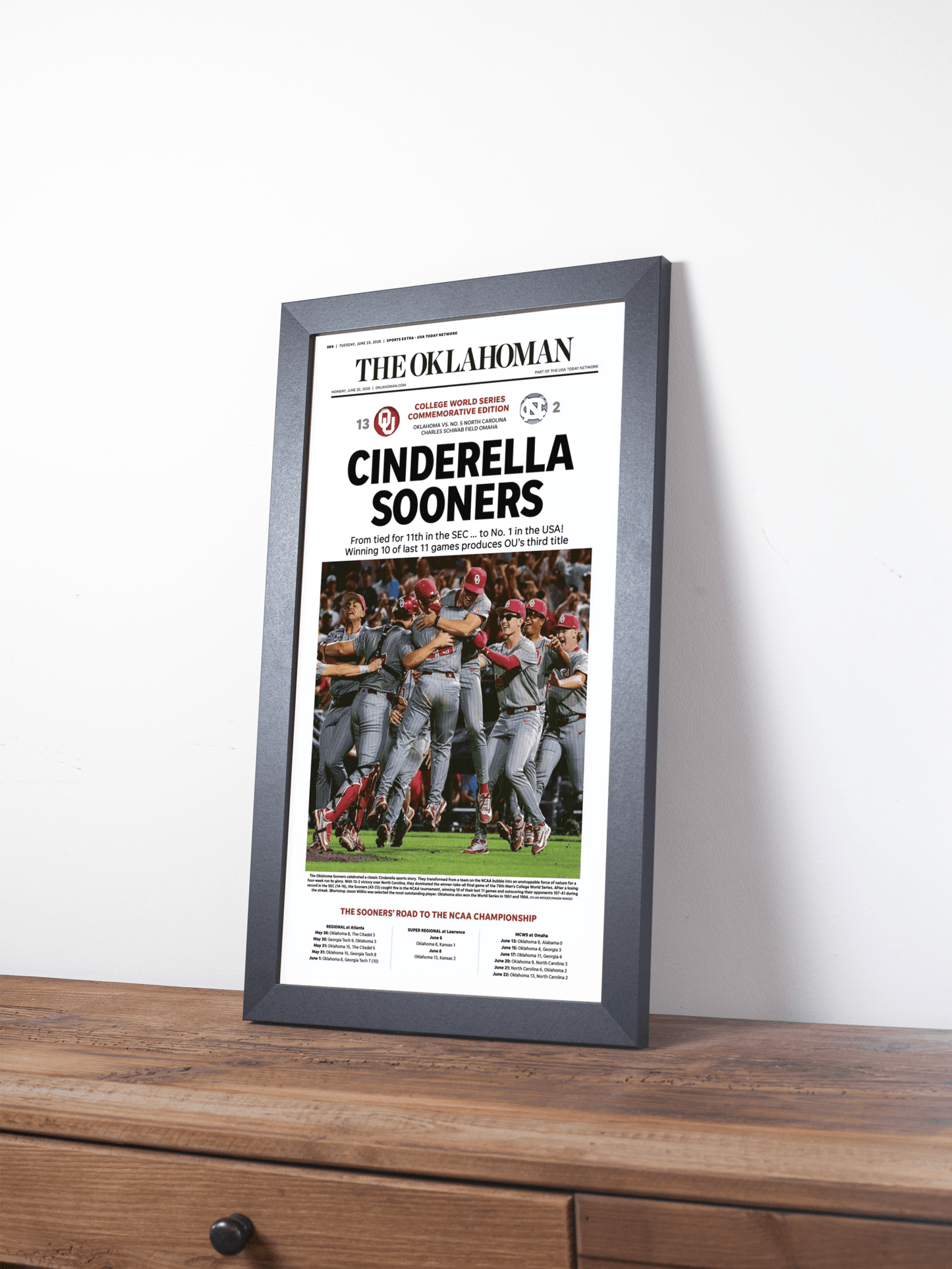 2026 Oklahoma Sooners “Cinderella Sooners” College World Series Champions Framed Newspaper - TitleGameFrames.com