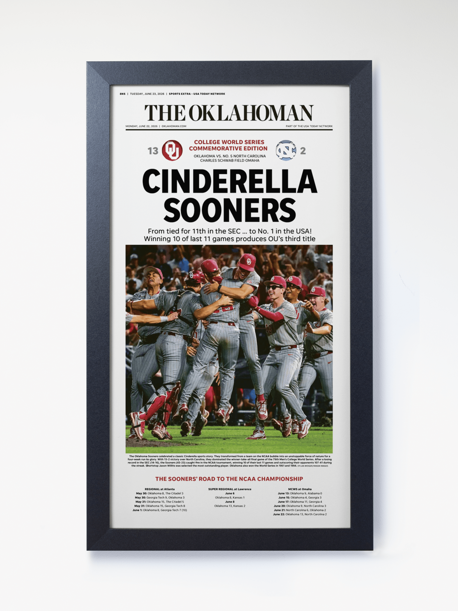 2026 Oklahoma Sooners “Cinderella Sooners” College World Series Champions Framed Newspaper - TitleGameFrames.com