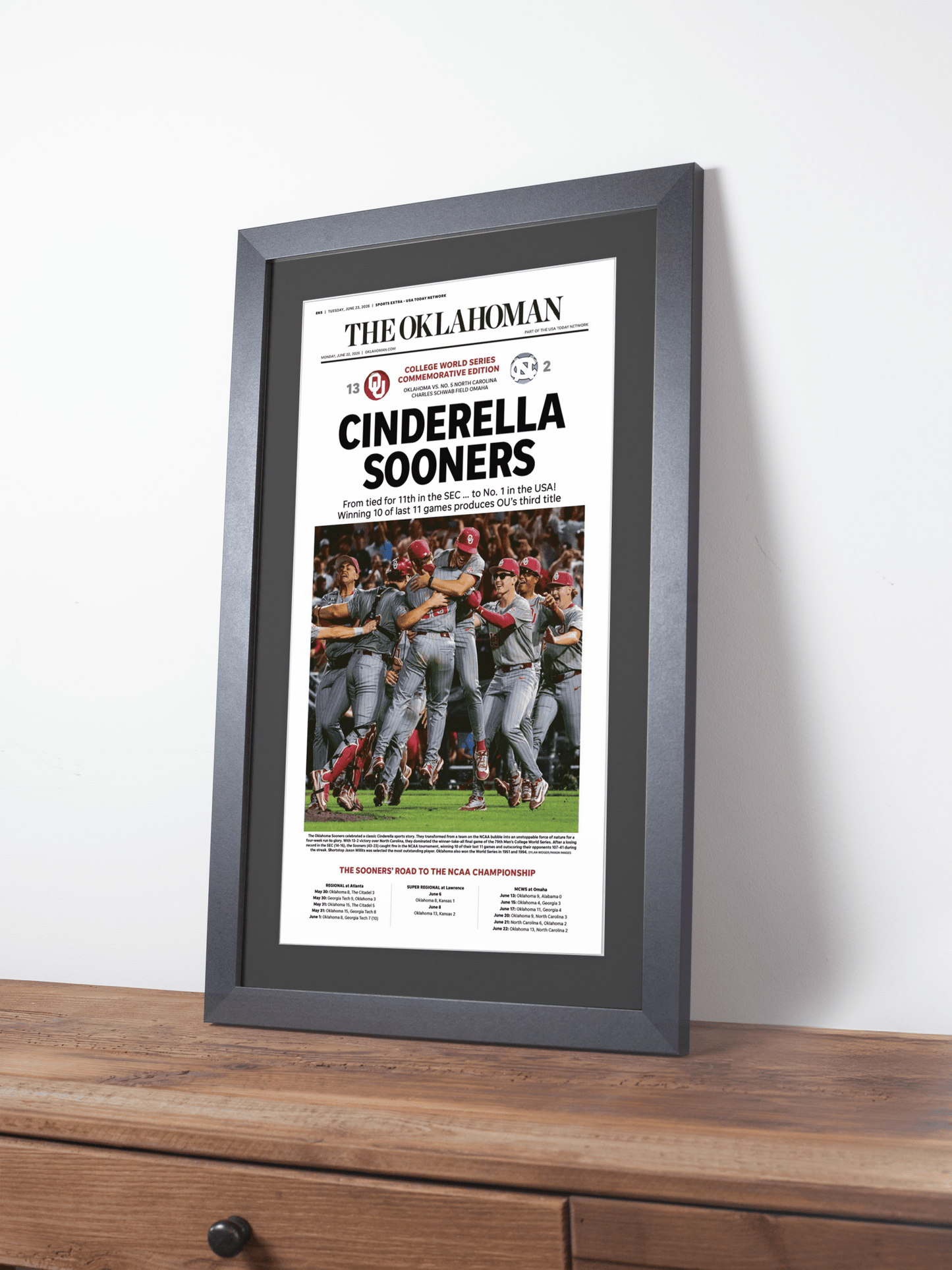 2026 Oklahoma Sooners “Cinderella Sooners” College World Series Champions Framed Newspaper - TitleGameFrames.com