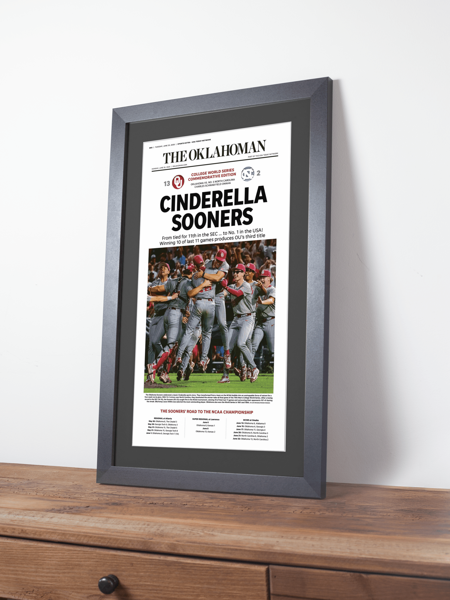 2026 Oklahoma Sooners “Cinderella Sooners” College World Series Champions Framed Newspaper - TitleGameFrames.com