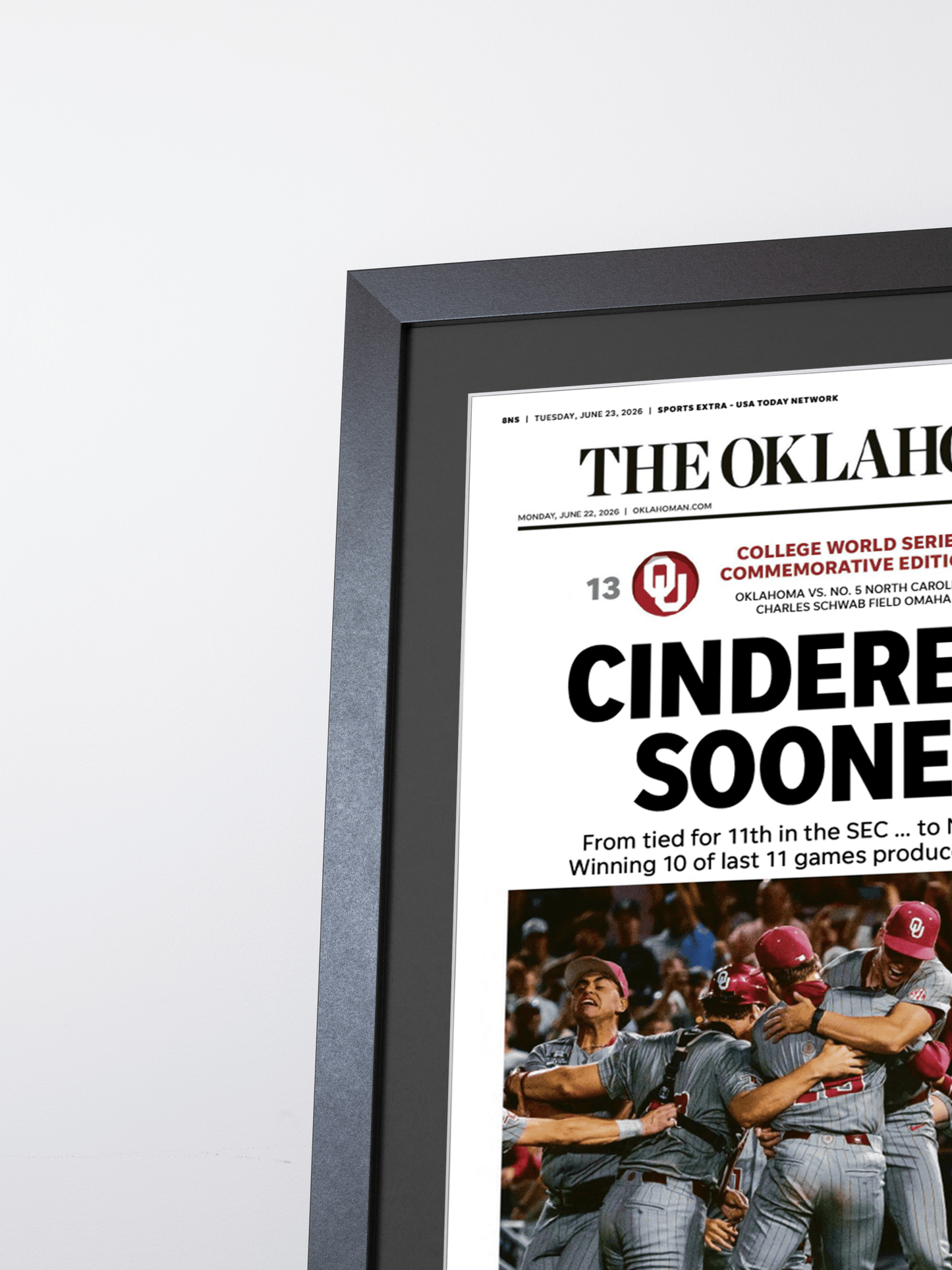 2026 Oklahoma Sooners “Cinderella Sooners” College World Series Champions Framed Newspaper - TitleGameFrames.com