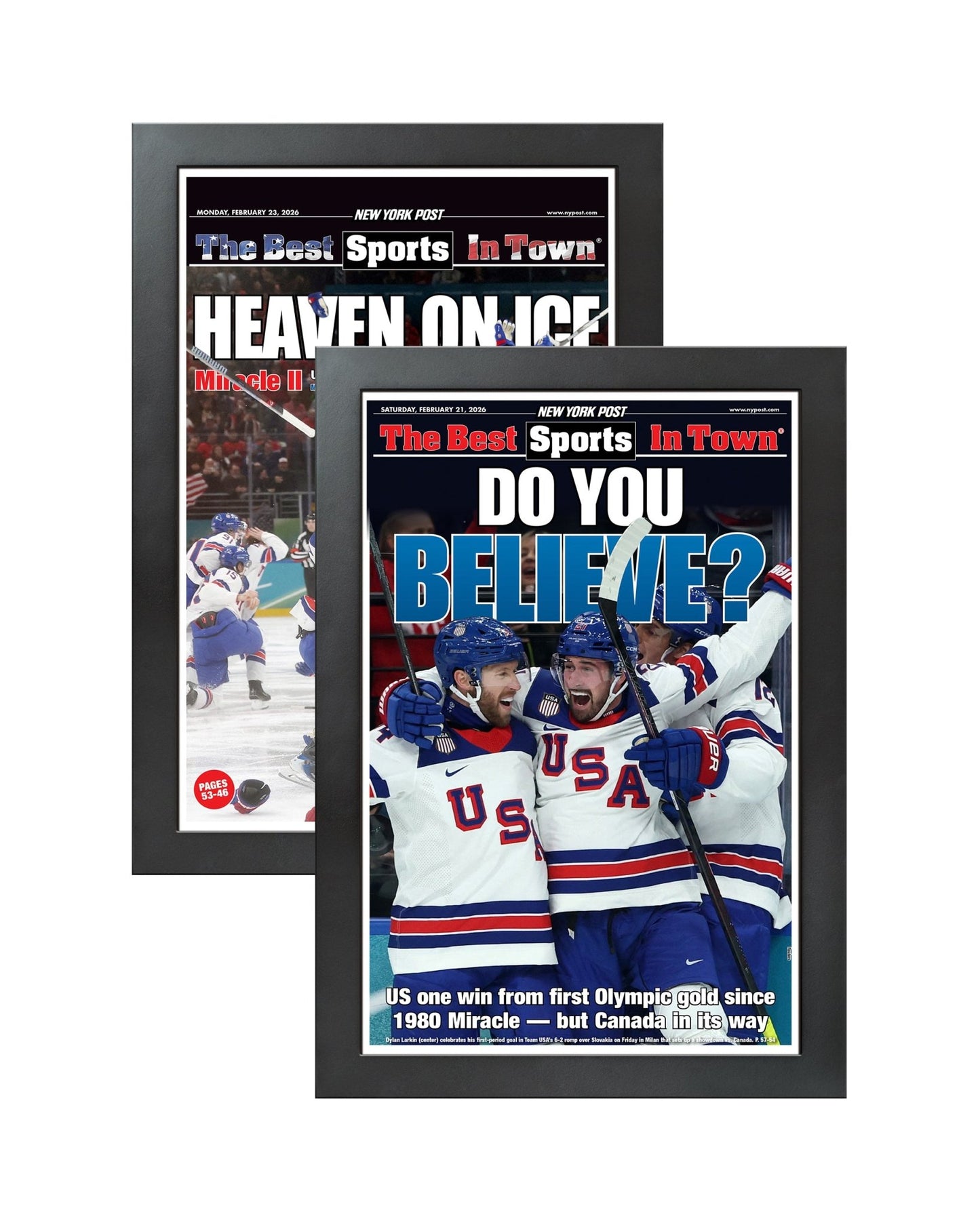 2026 Team USA “Heaven on Ice” Collector Set Olympic Gold Medal Framed Newspaper Duo - TitleGameFrames.com