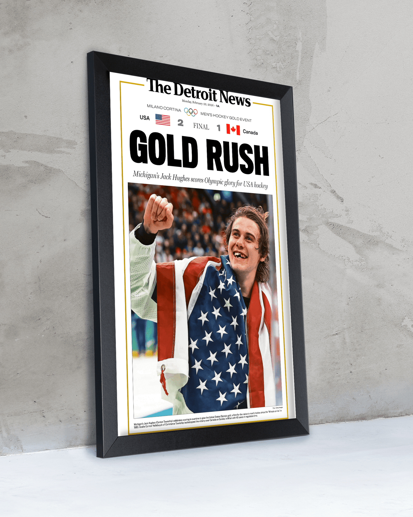 2026 Team USA Hockey “Gold Rush” Jack Hughes Olympic Winner Framed Newspaper - TitleGameFrames.com