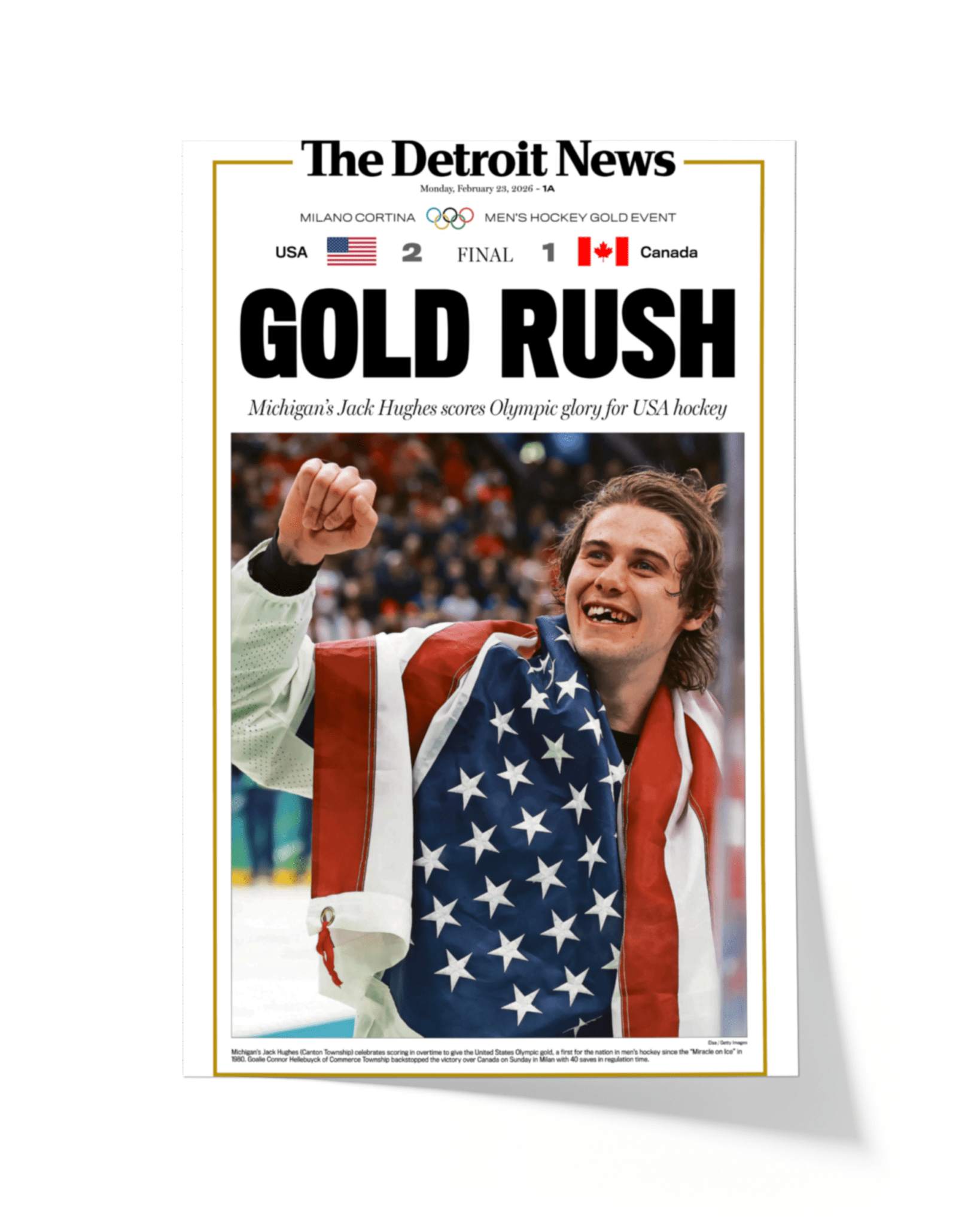 2026 Team USA Hockey “Gold Rush” Jack Hughes Olympic Winner Framed Newspaper - TitleGameFrames.com