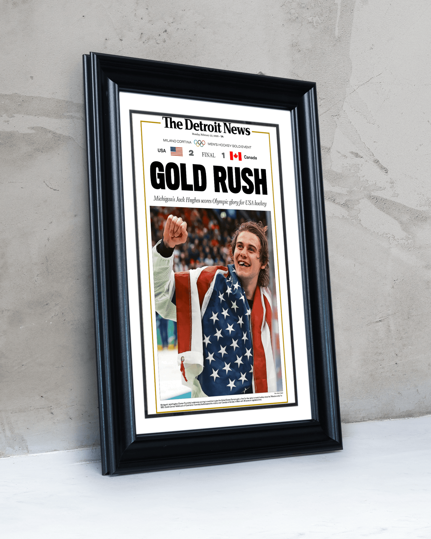 2026 Team USA Hockey “Gold Rush” Jack Hughes Olympic Winner Framed Newspaper - TitleGameFrames.com