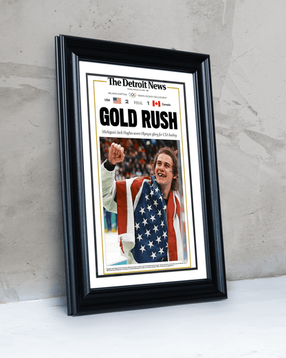 2026 Team USA Hockey “Gold Rush” Jack Hughes Olympic Winner Framed Newspaper - TitleGameFrames.com