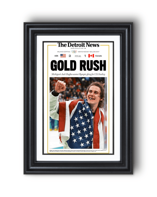 2026 Team USA Hockey “Gold Rush” Jack Hughes Olympic Winner Framed Newspaper - TitleGameFrames.com