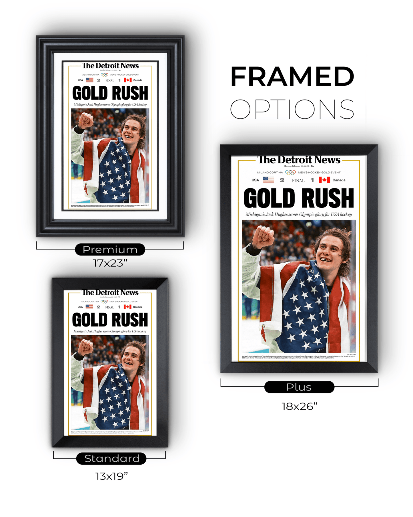 2026 Team USA Hockey “Gold Rush” Jack Hughes Olympic Winner Framed Newspaper - TitleGameFrames.com