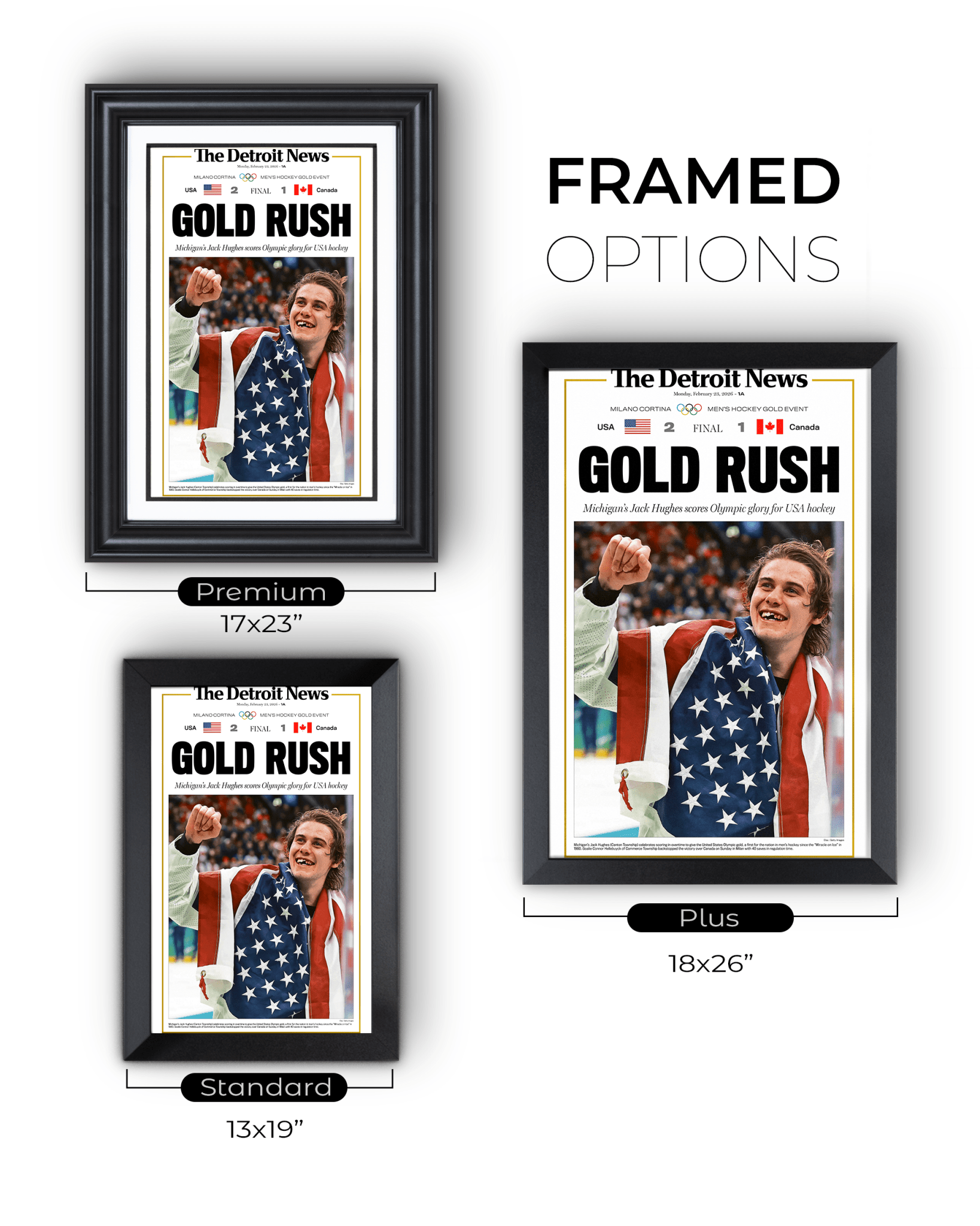 2026 Team USA Hockey “Gold Rush” Jack Hughes Olympic Winner Framed Newspaper - TitleGameFrames.com