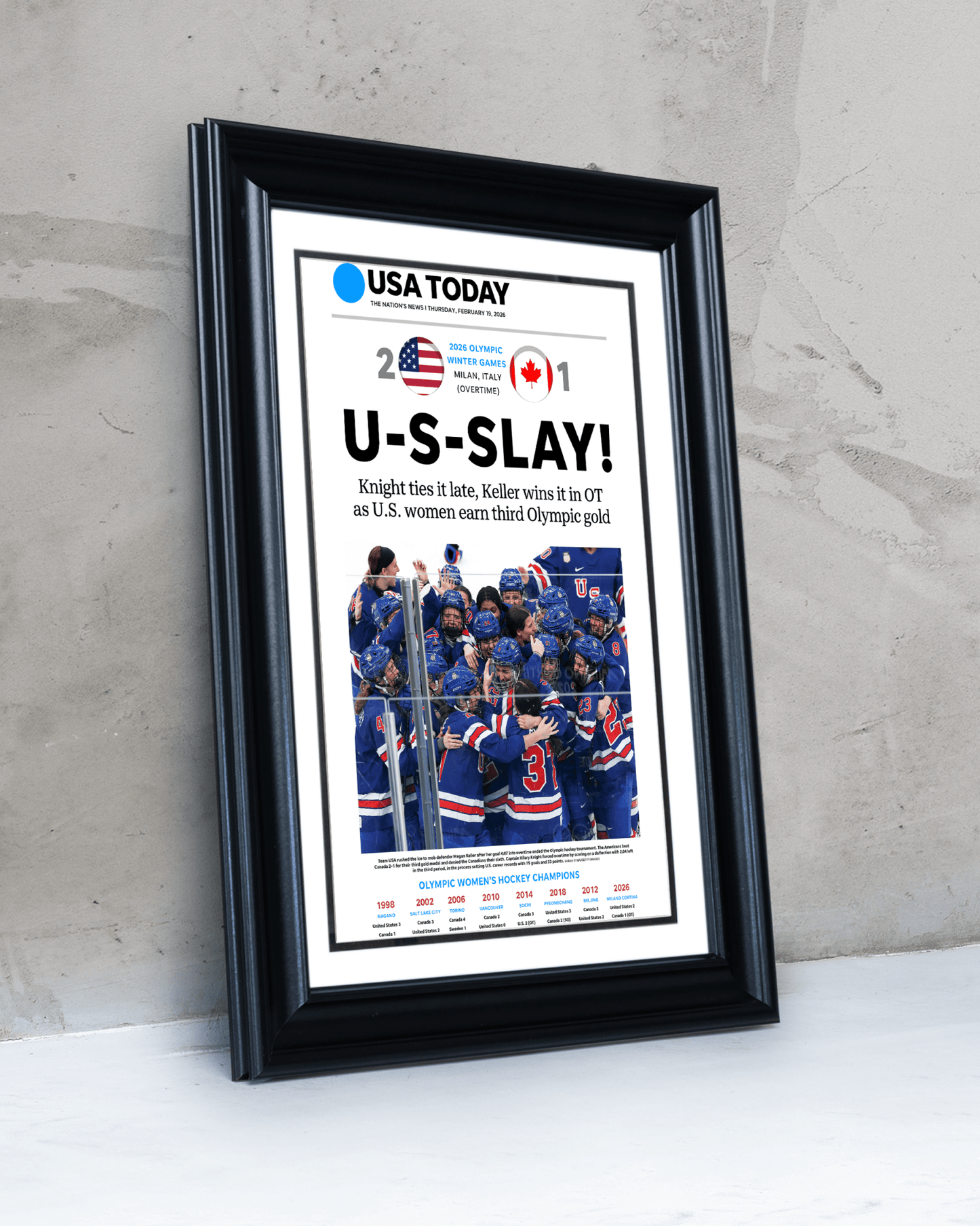 2026 Team USA Women’s Hockey “U - S - Slay!” Olympic Gold vs Canada Commemorative Newspaper Print - TitleGameFrames.com