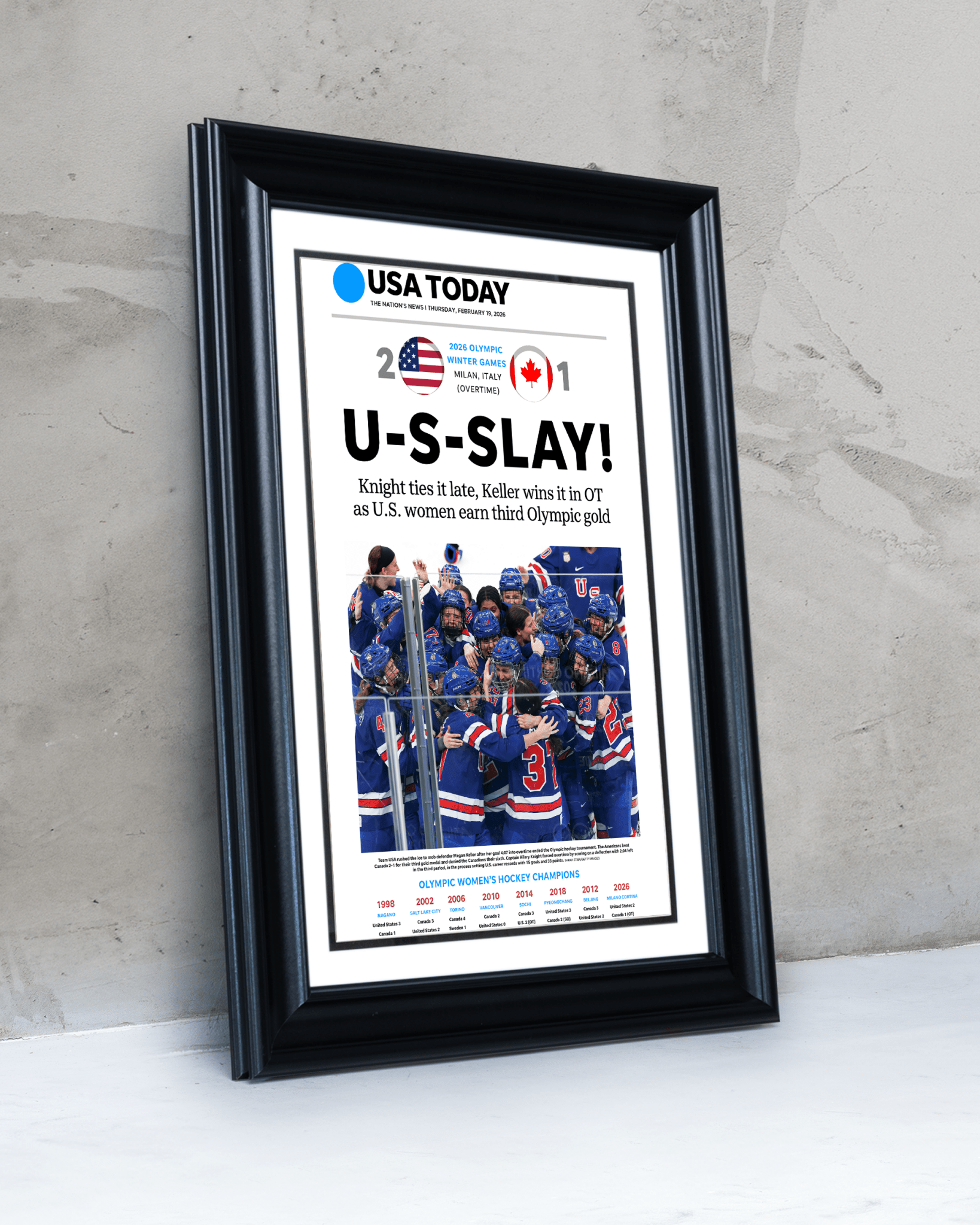 2026 Team USA Women’s Hockey “U - S - Slay!” Olympic Gold vs Canada Commemorative Newspaper Print - TitleGameFrames.com