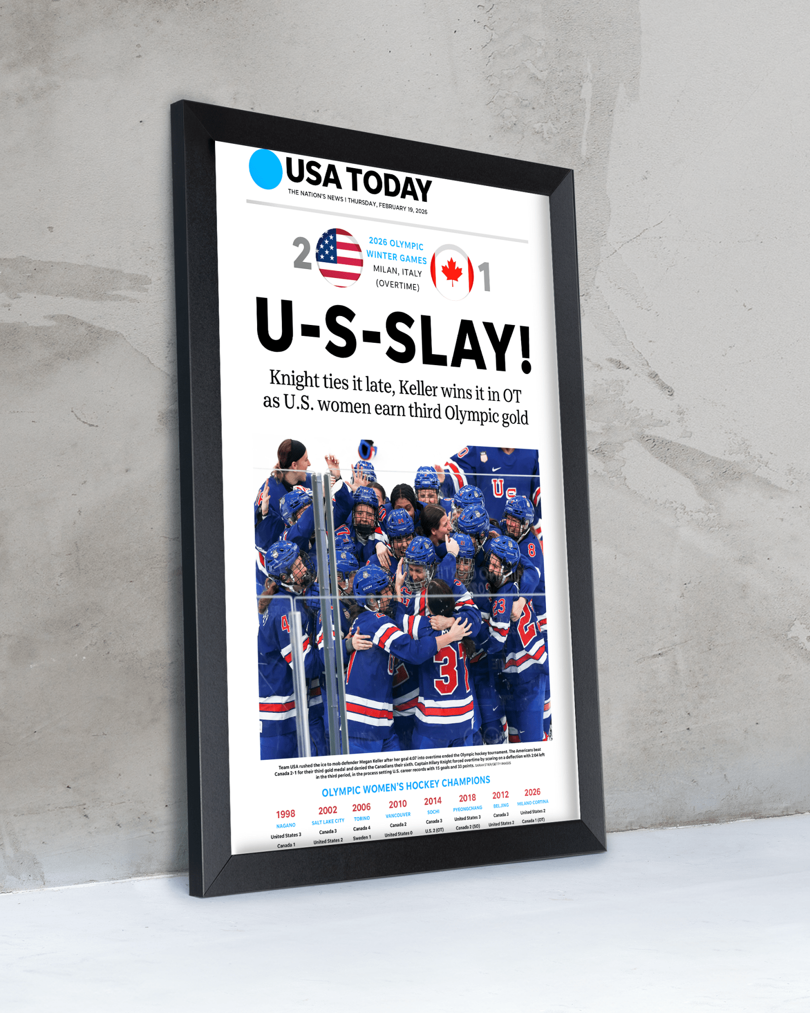 2026 Team USA Women’s Hockey “U - S - Slay!” Olympic Gold vs Canada Commemorative Newspaper Print - TitleGameFrames.com