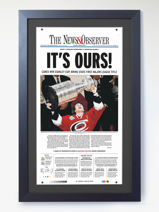2006 Carolina Hurricanes “It’s Ours!” Stanley Cup Champions Framed Newspaper