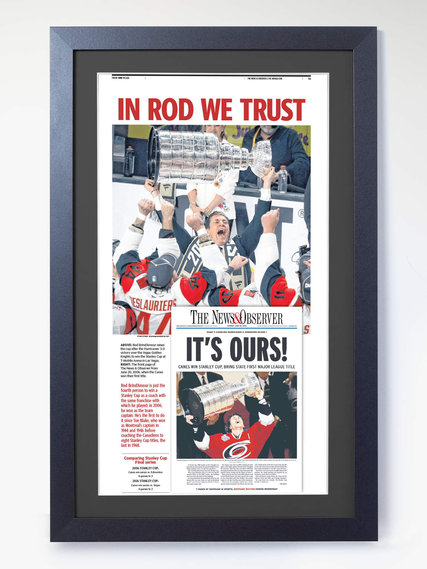 2026 Carolina Hurricanes “In Rod We Trust” Rod Brind’Amour Stanley Cup Legacy Newspaper
