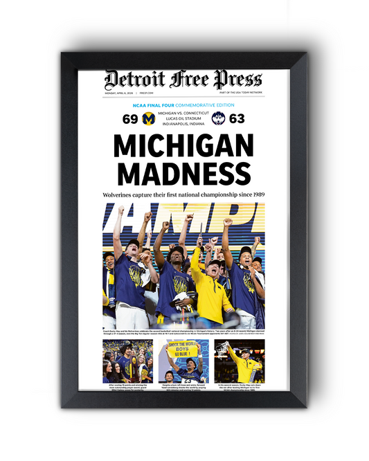 2026 Michigan Wolverines “Michigan Madness” Champions Vs UConn Huskies Framed Newspaper