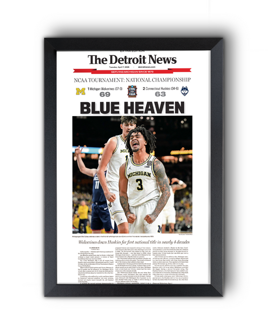 2026 Michigan Wolverines “Blue Heaven” NCAA Basketball Champions V. Huskies Framed Newspaper