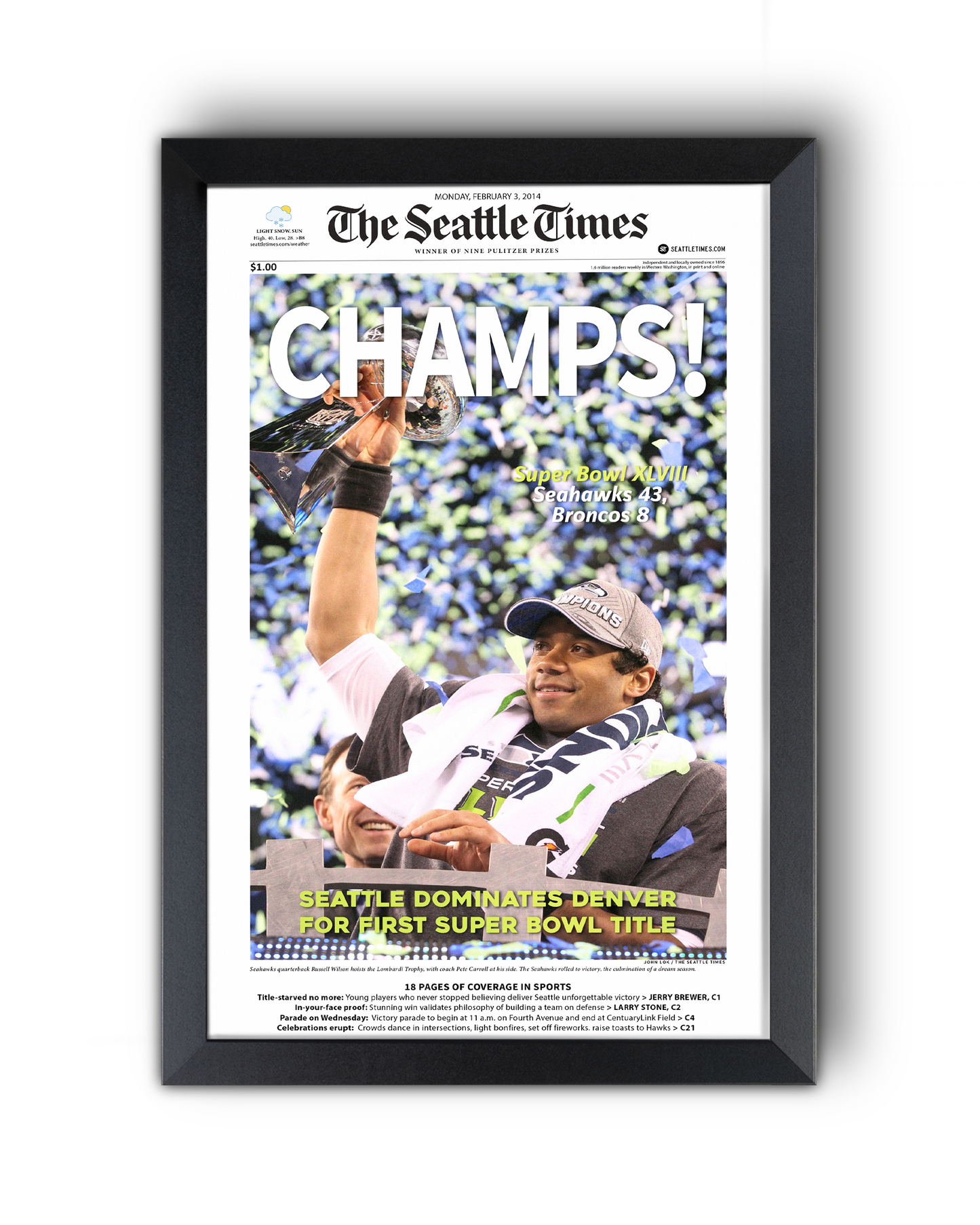 2014 Seattle Seahawks Super Bowl XLVIII Framed Front Page Newspaper Print
