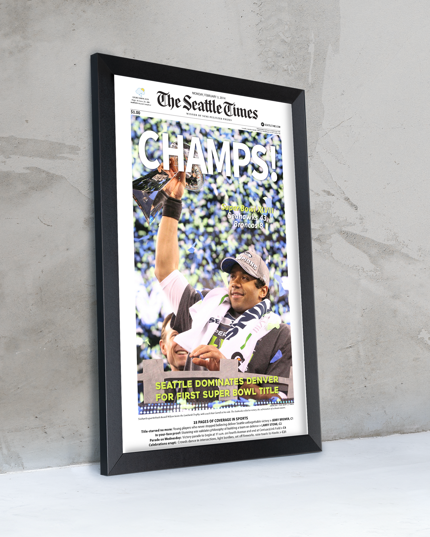 2014 Seattle Seahawks Super Bowl XLVIII Framed Front Page Newspaper Print