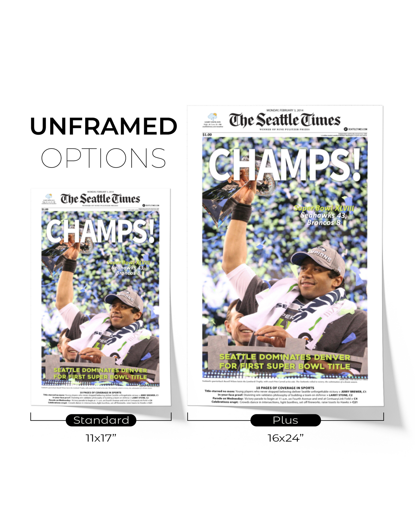2014 Seattle Seahawks Super Bowl XLVIII Framed Front Page Newspaper Print