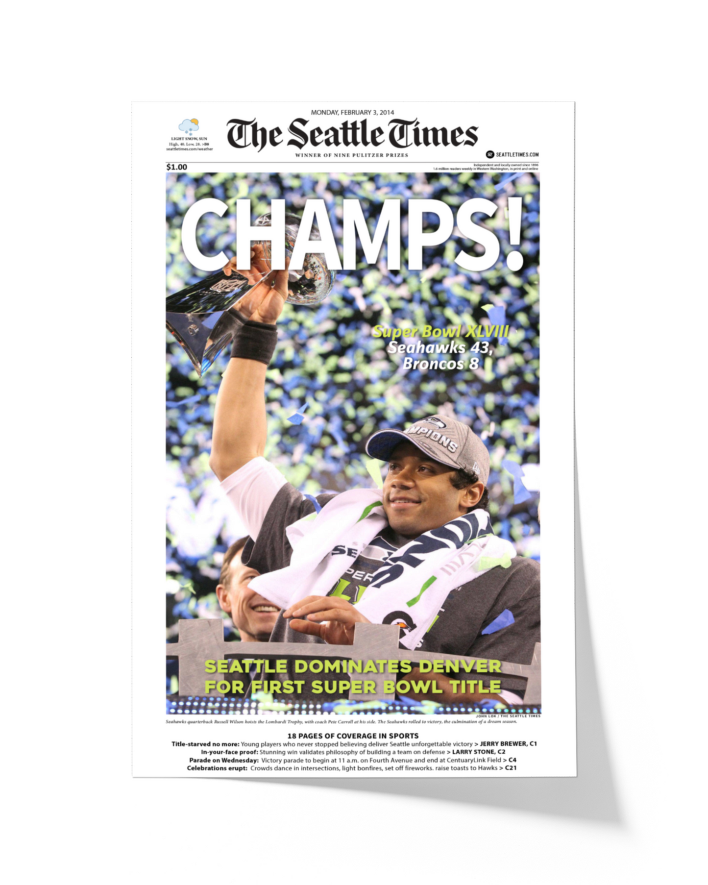2014 Seattle Seahawks Super Bowl XLVIII Framed Front Page Newspaper Print
