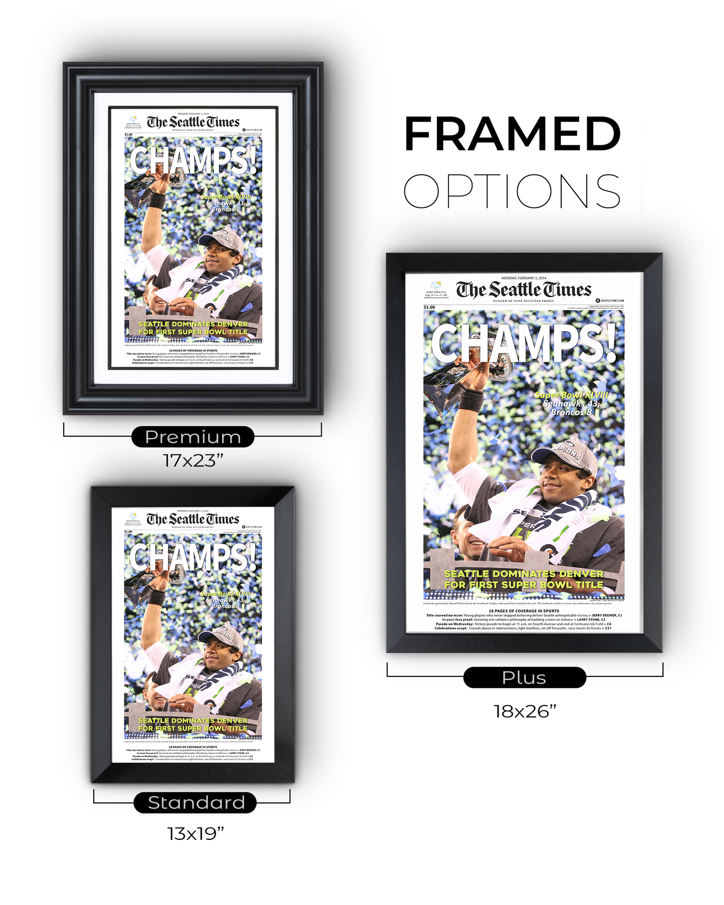 2014 Seattle Seahawks Super Bowl XLVIII Framed Front Page Newspaper Print