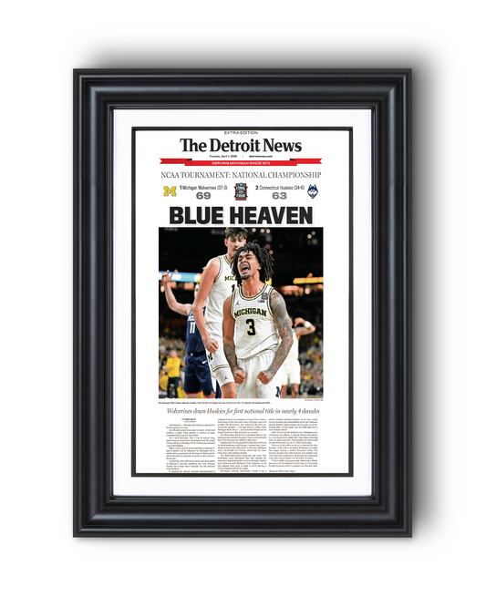 2026 Michigan Wolverines “Blue Heaven” NCAA Basketball Champions V. Huskies Framed Newspaper