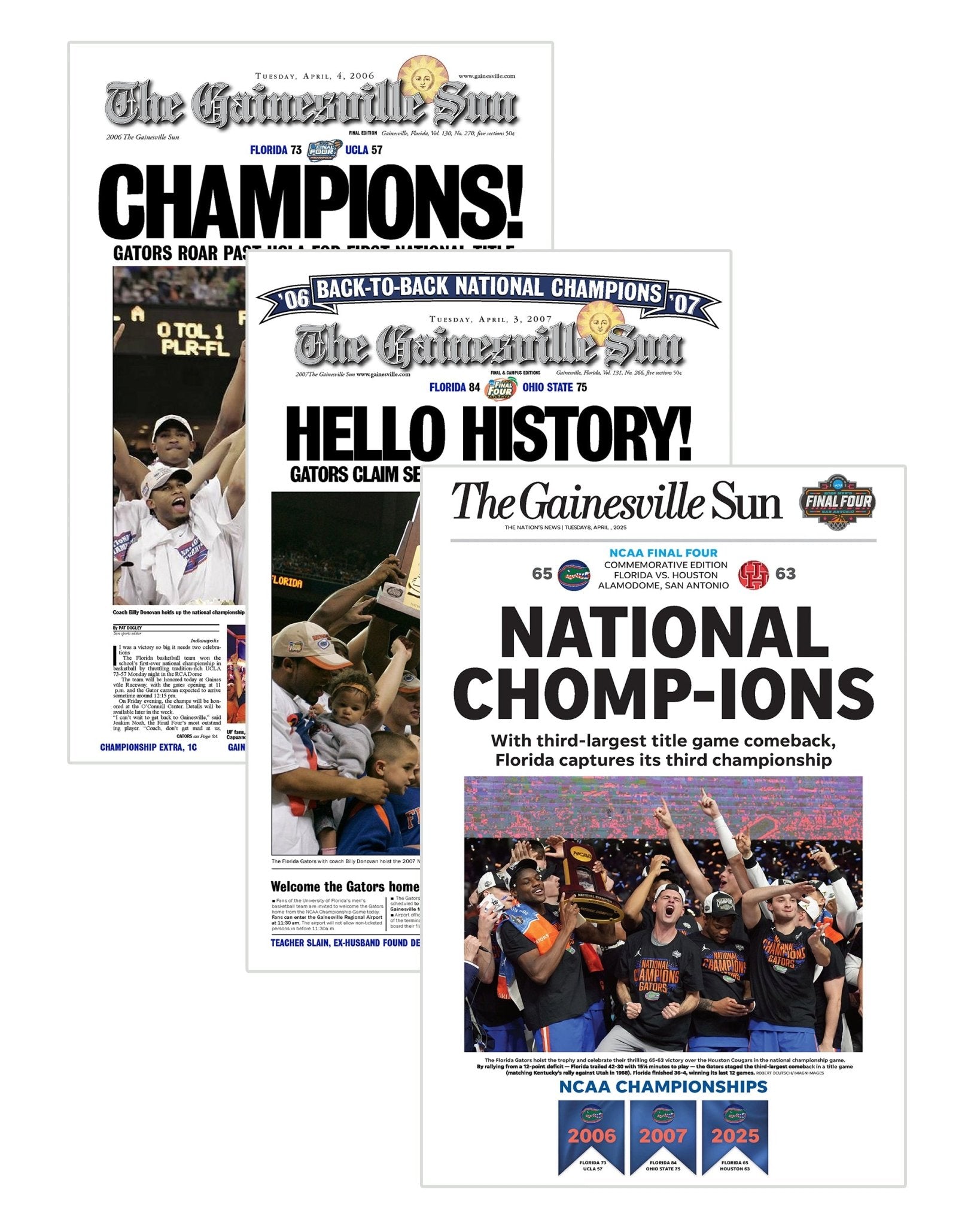 Florida Gators College Basketball Championship Collector Set - 2006, 2007 & 2025 - TitleGameFrames.com