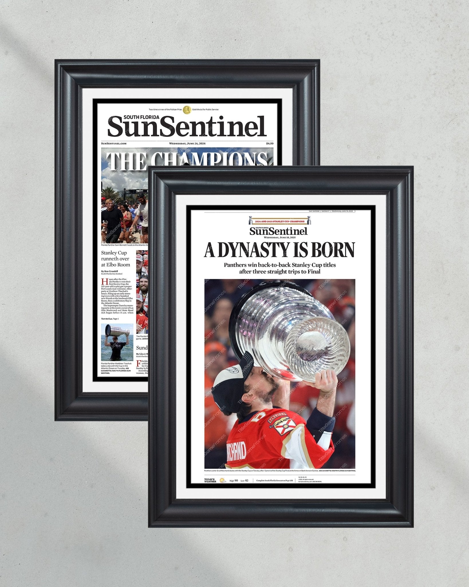Florida Panthers 2024 & 2025 Stanley Cup Champions Collector’s Framed Newspaper Set - TitleGameFrames.com