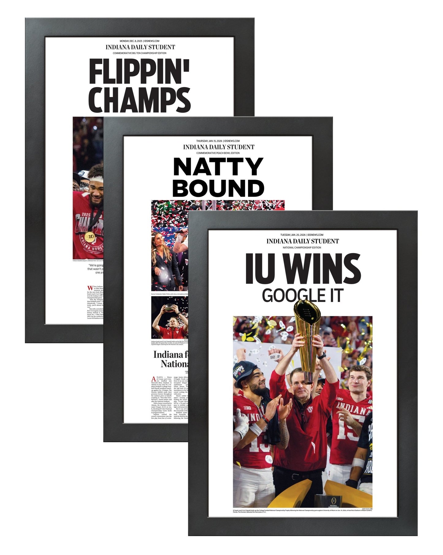 Indiana Hoosier 2026 Championship Collector's Set Framed Newspaper | Flippin Champs, Natty Bound, and Google It! - TitleGameFrames.com