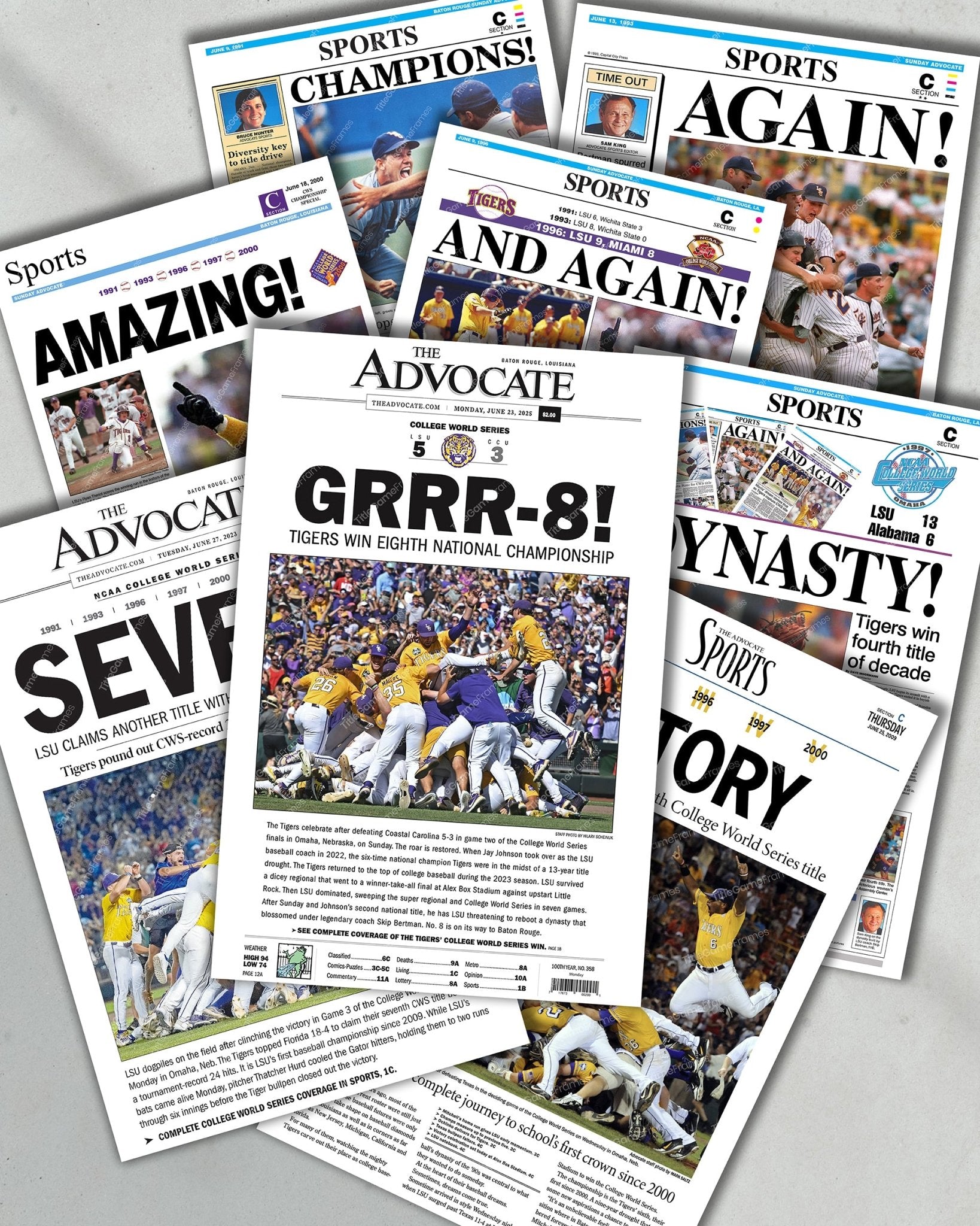 LSU Baseball – Set of 8 CWS Championship Front Page Newspapers (1991–2025) - TitleGameFrames.com