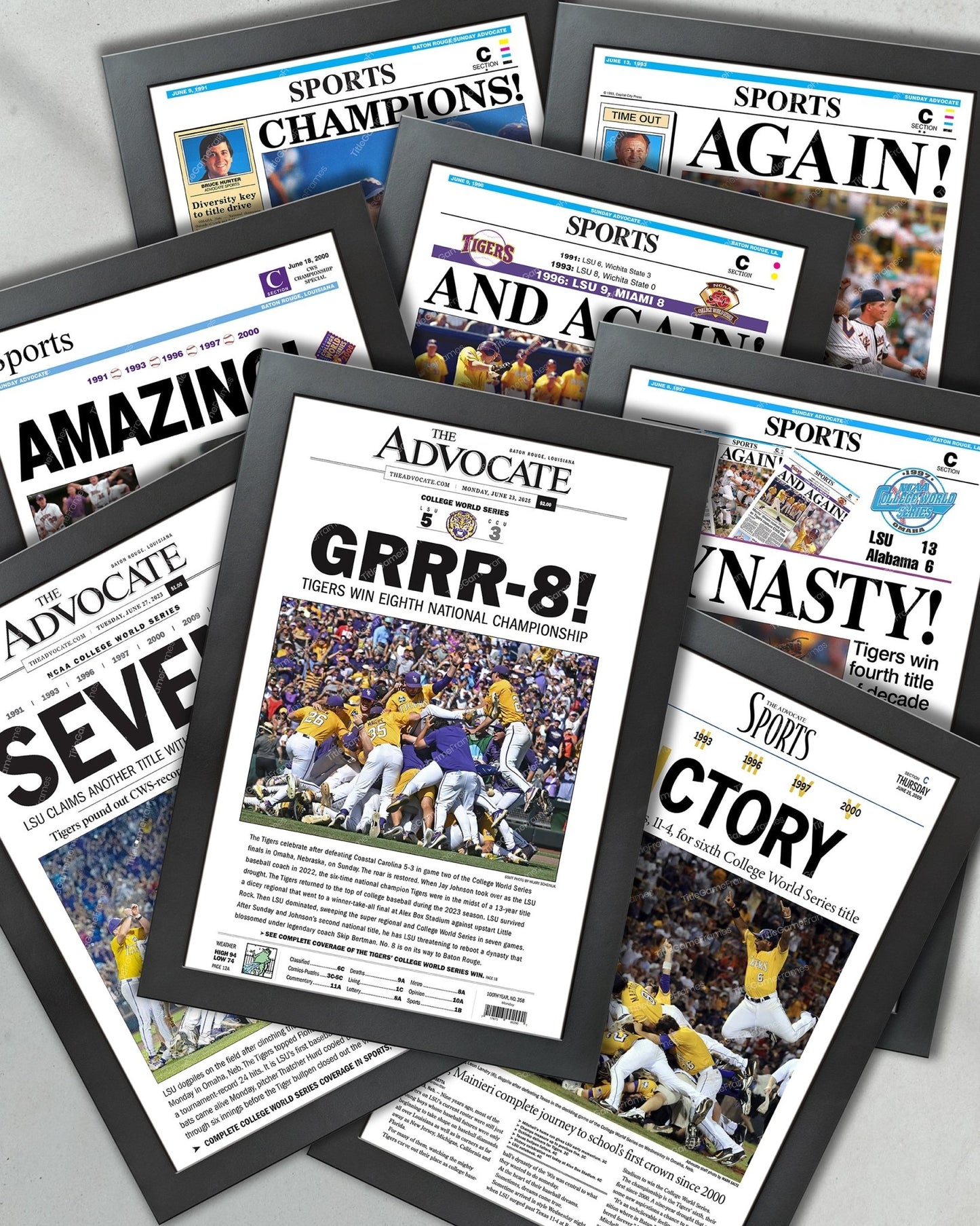 LSU Baseball – Set of 8 CWS Championship Front Page Newspapers (1991–2025) - TitleGameFrames.com