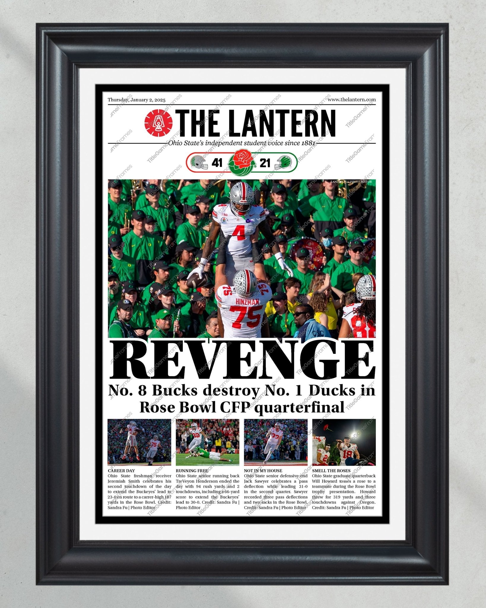 Ohio State Buckeyes 2025 Playoff Run Collector’s Set - 4 Framed Newspapers from 'The Lantern' - Title Game Frames