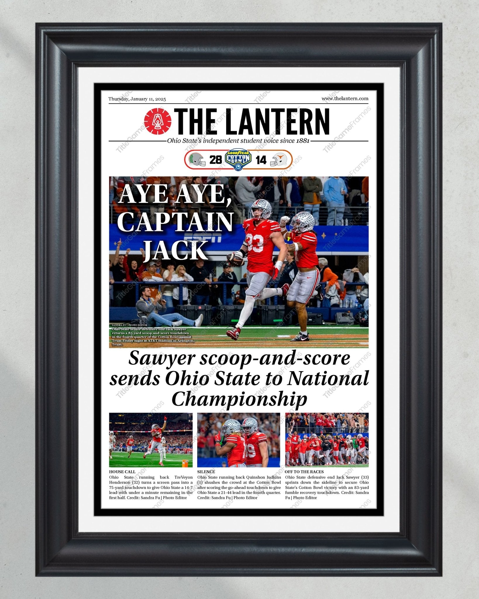 Ohio State Buckeyes 2025 Playoff Run Collector’s Set - 4 Framed Newspapers from 'The Lantern' - Title Game Frames