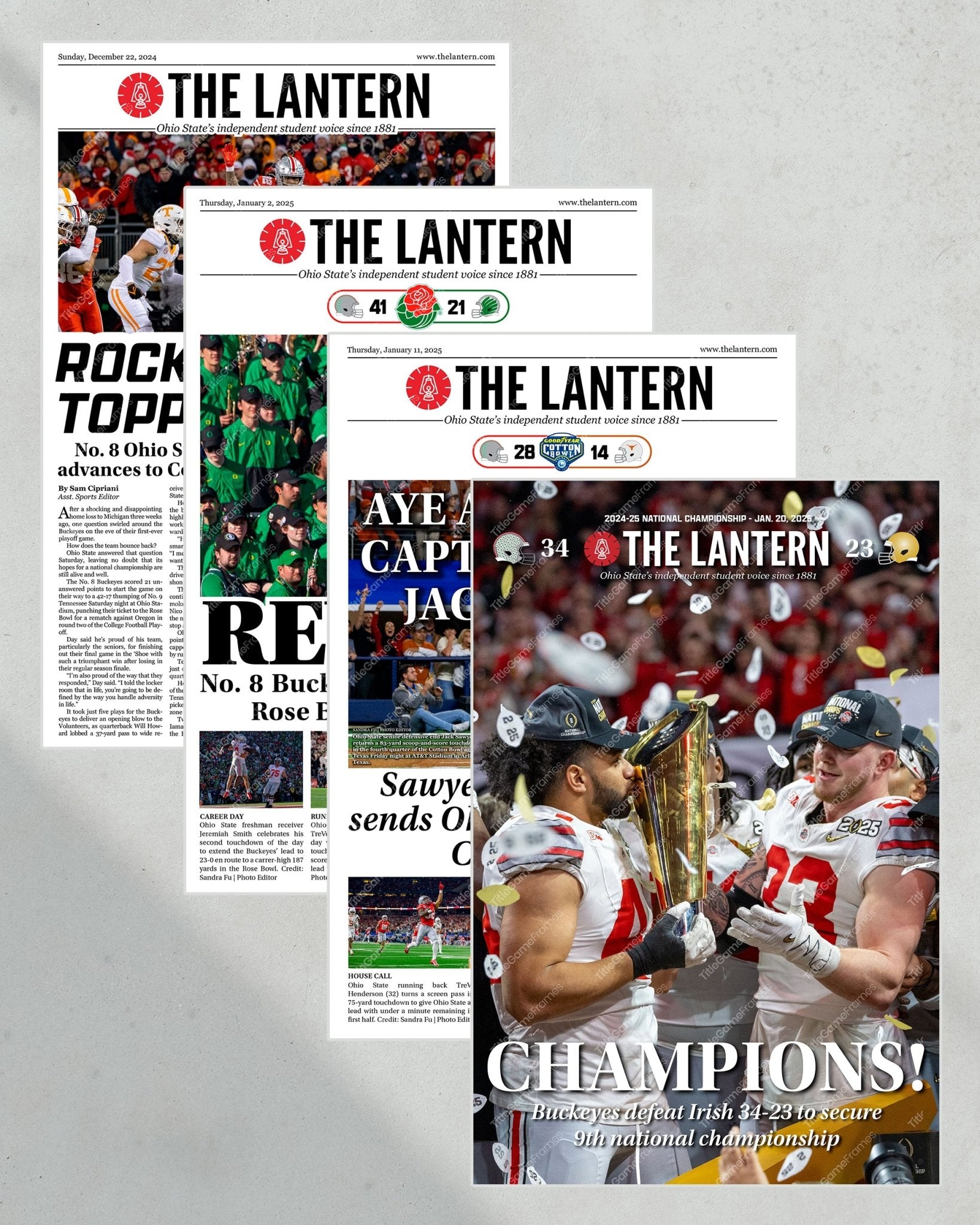 Ohio State Buckeyes 2025 Playoff Run Collector’s Set - 4 Framed Newspapers from 'The Lantern' - Title Game Frames