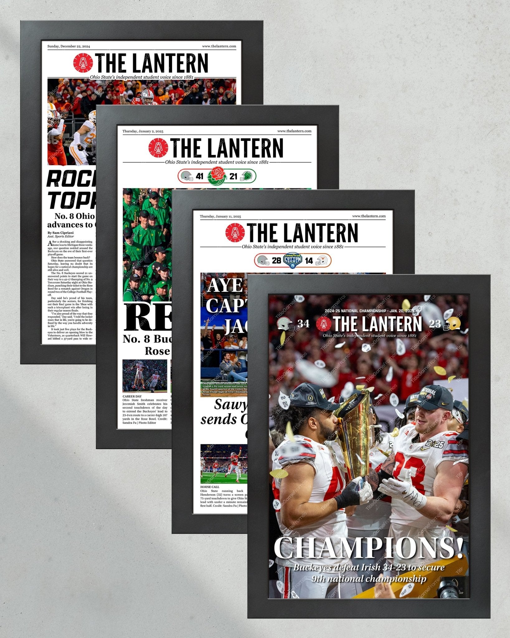 Ohio State Buckeyes 2025 Playoff Run Collector’s Set - 4 Framed Newspapers from 'The Lantern' - Title Game Frames