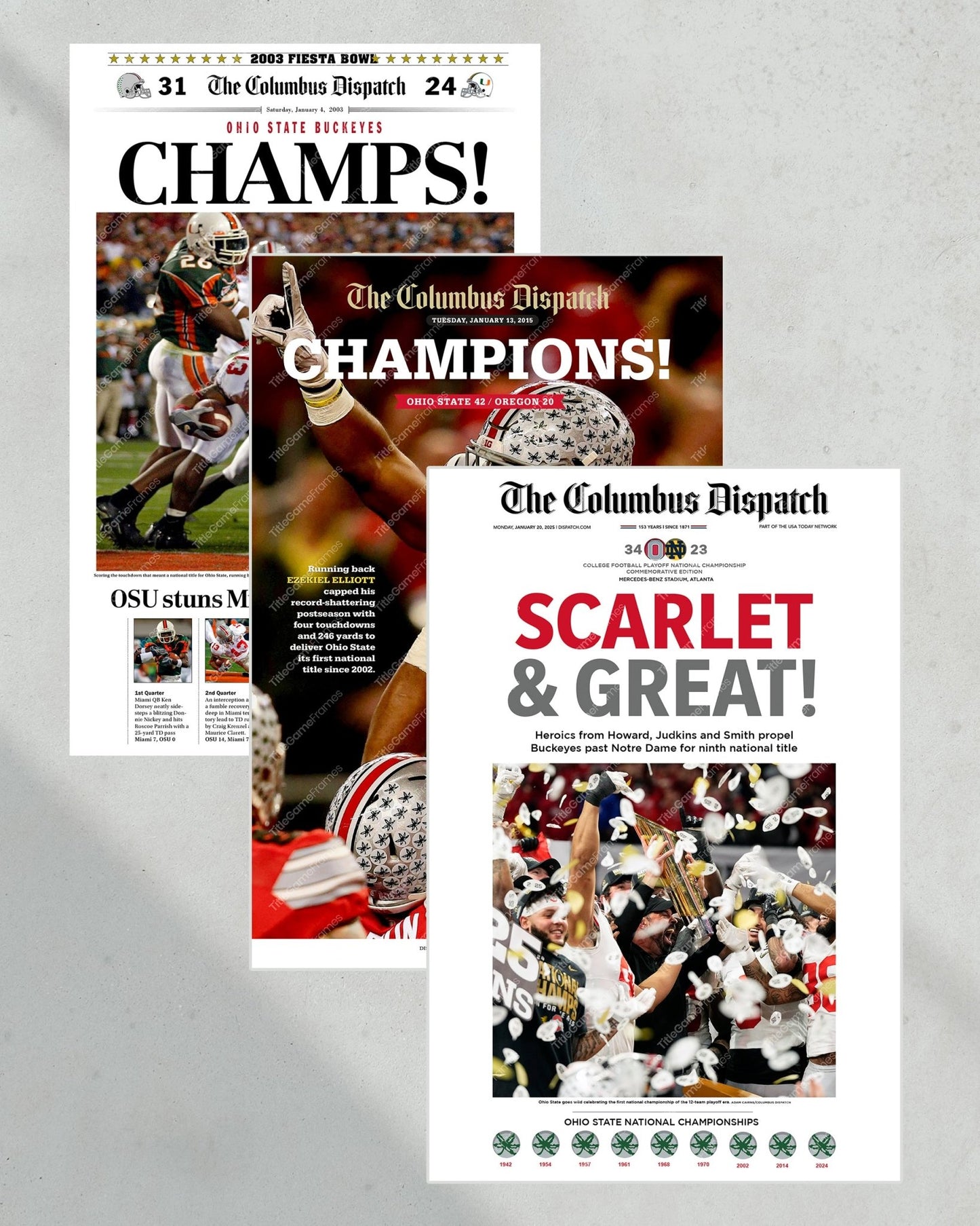 Ohio State Buckeyes Championship Collector's Set - 2002, 2014, 2024 - Title Game Frames