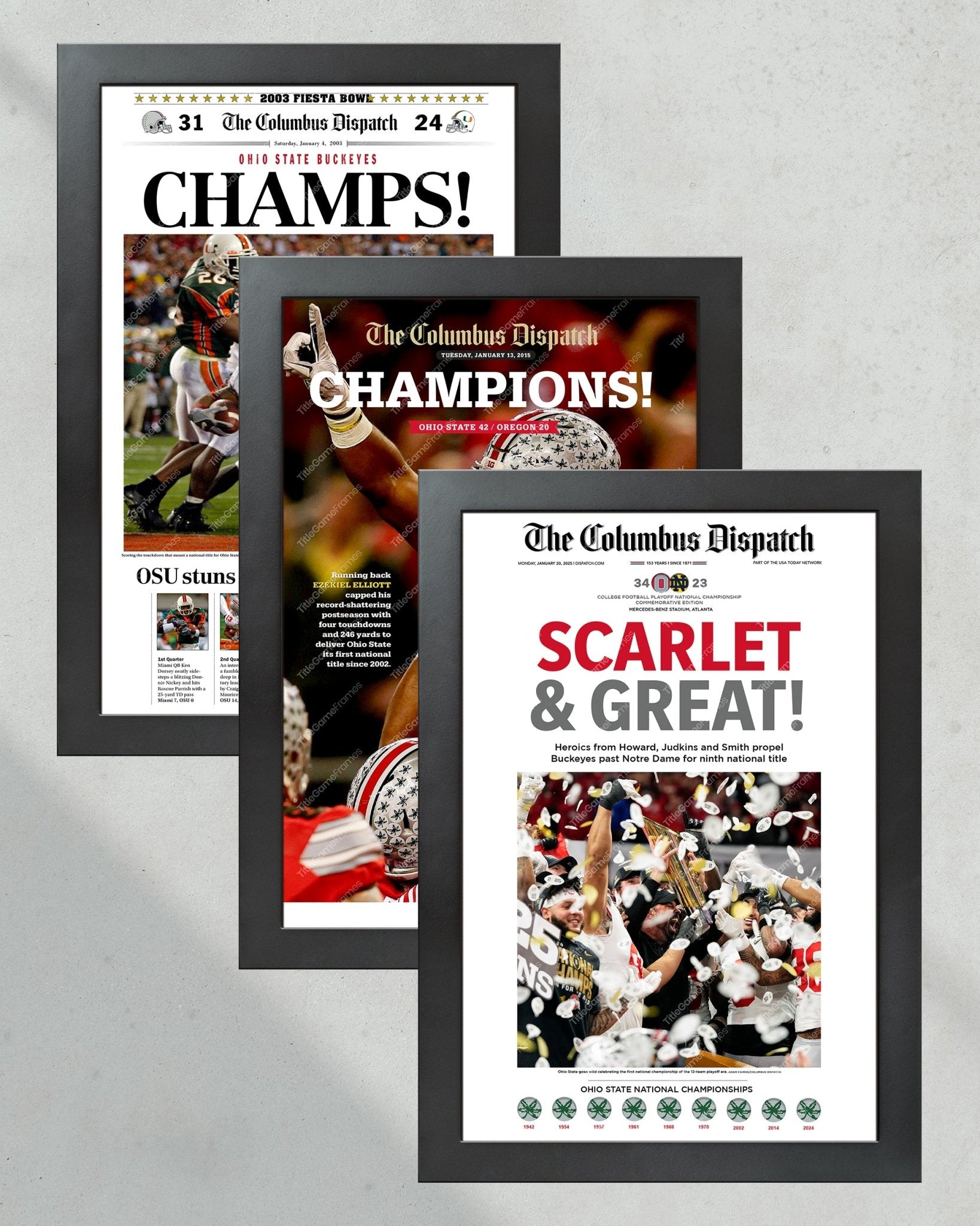 Ohio State Buckeyes Championship Collector's Set - 2002, 2014, 2024 - Title Game Frames