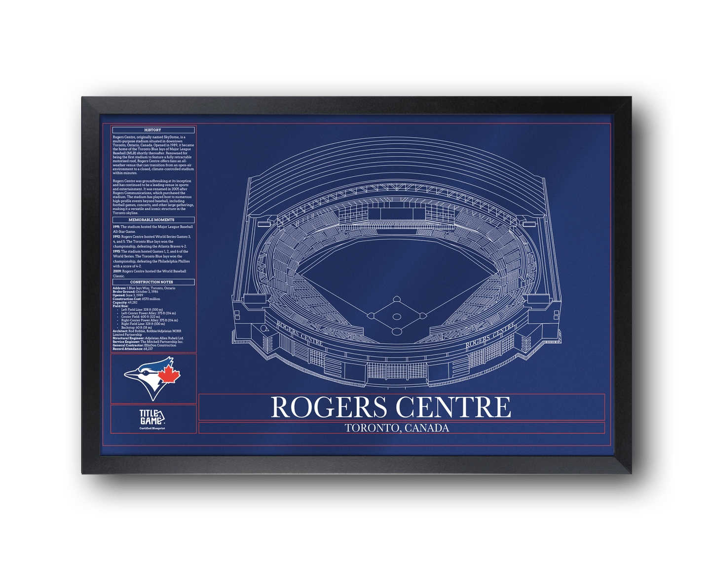 Rogers Centre Blueprint – Toronto Blue Jays Ballpark Stadium Wall Art - TitleGameFrames.com