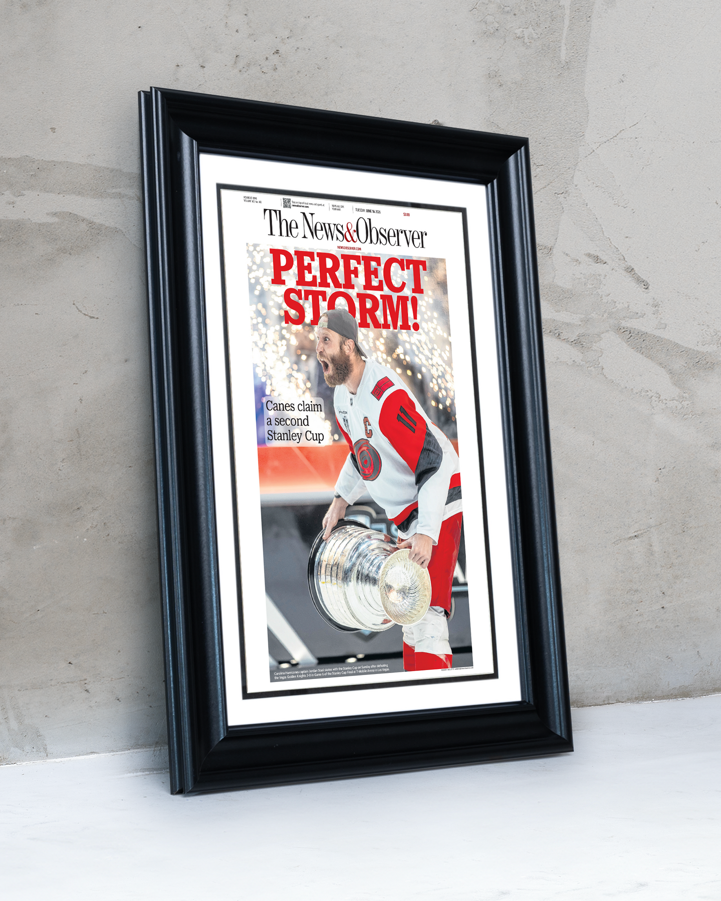 2026 Carolina Hurricanes “Perfect Storm!” Stanley Cup Champions Framed Newspaper