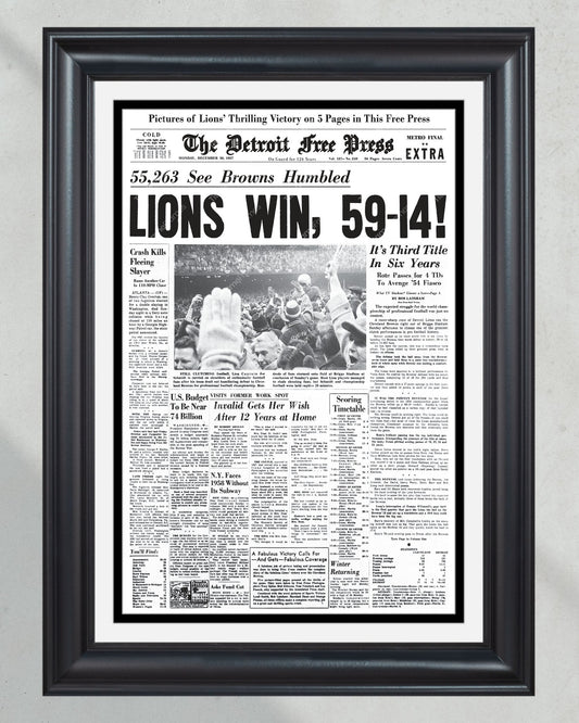 1957 Detroit Lions' Championship Triumph - 'Historic Victory' - Framed Newspaper Print - Title Game Frames