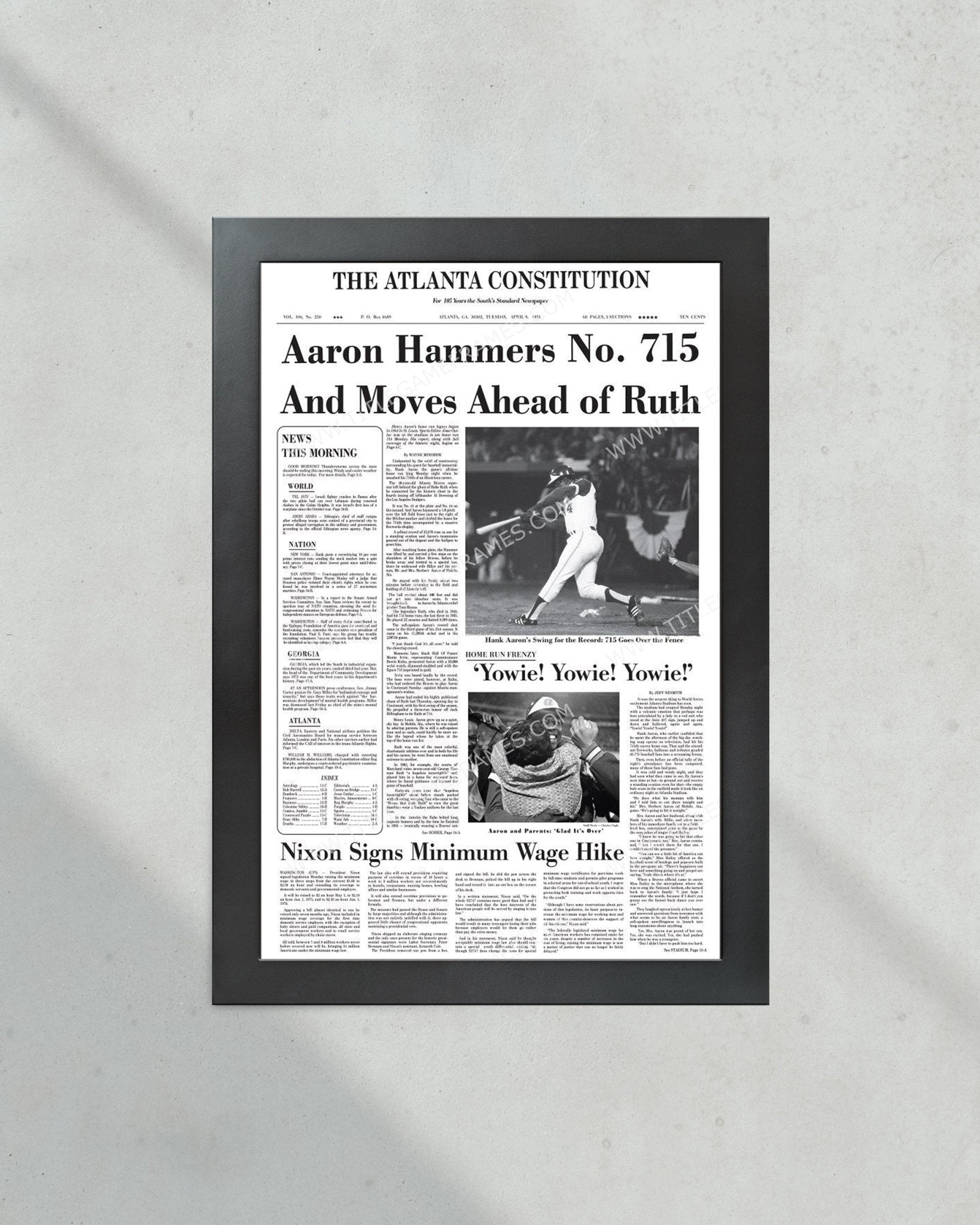 1974 Hank Aaron Record Home Run #715 Framed Newspaper Print - Title Game Frames