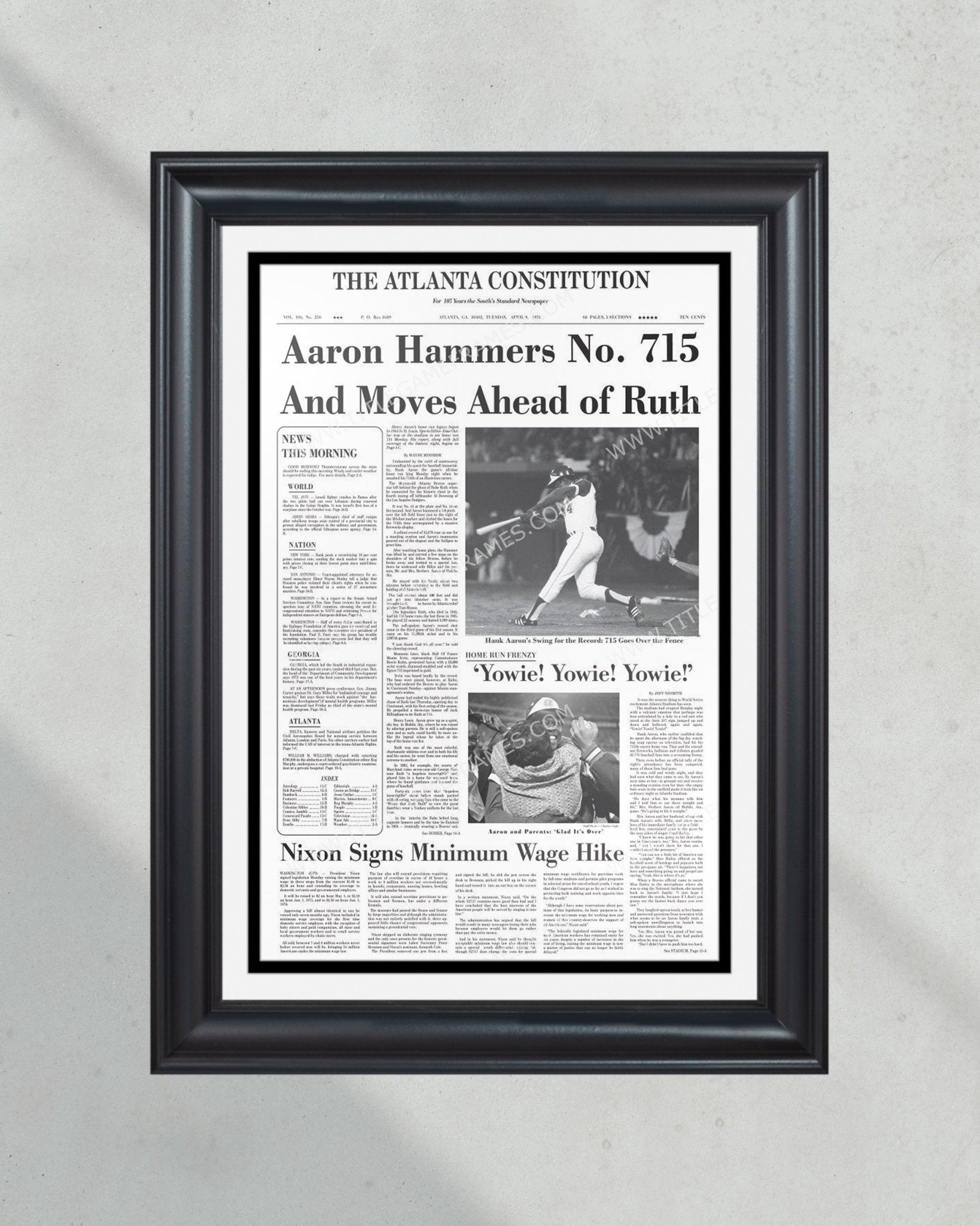 1974 Hank Aaron Record Home Run #715 Framed Newspaper Print ...